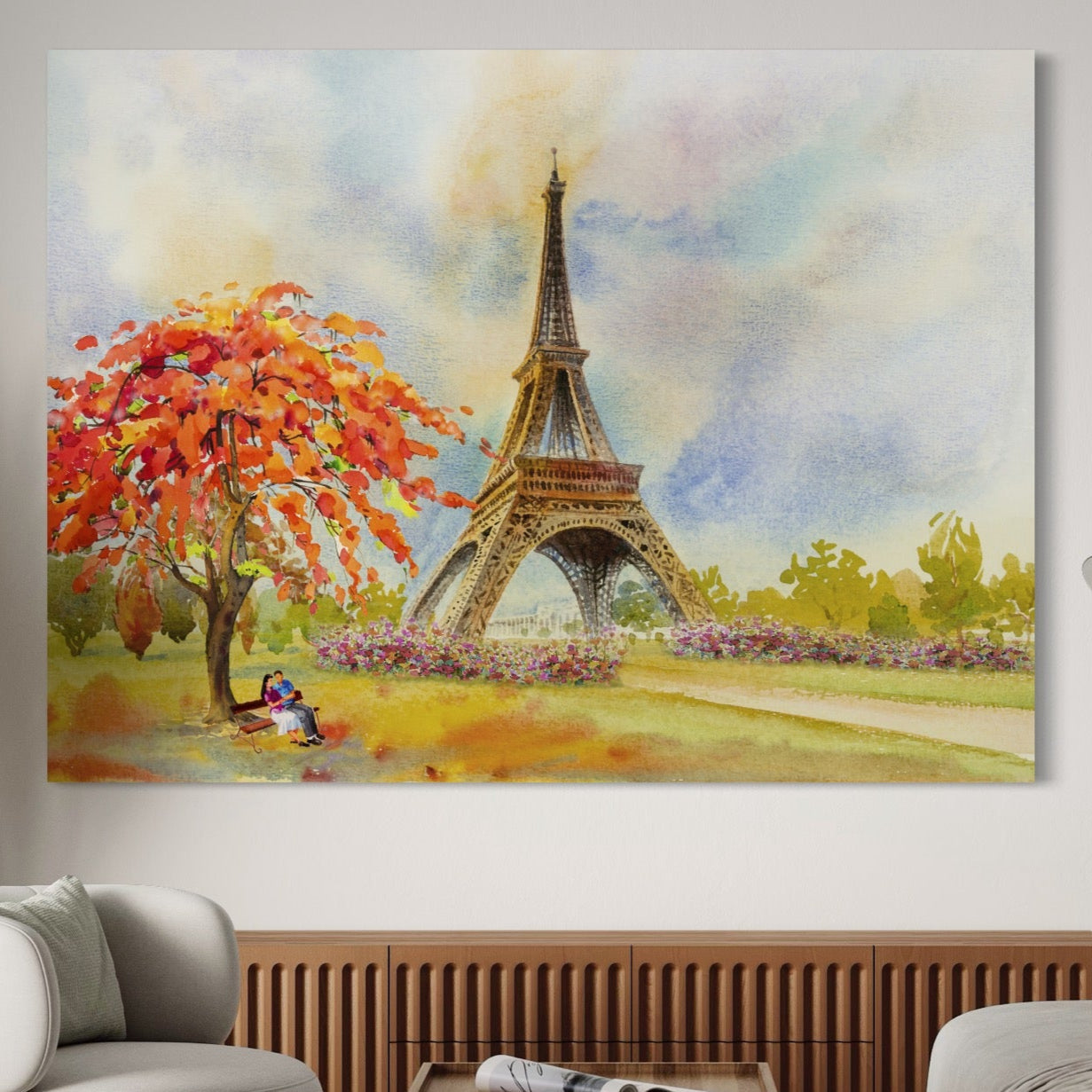Tablou Canvas Premium LuxCanva® A1104, Iubire In Paris ,  Orasul Iubirii, Indragostiti, Turnul Eiffel, Culori Vibrante