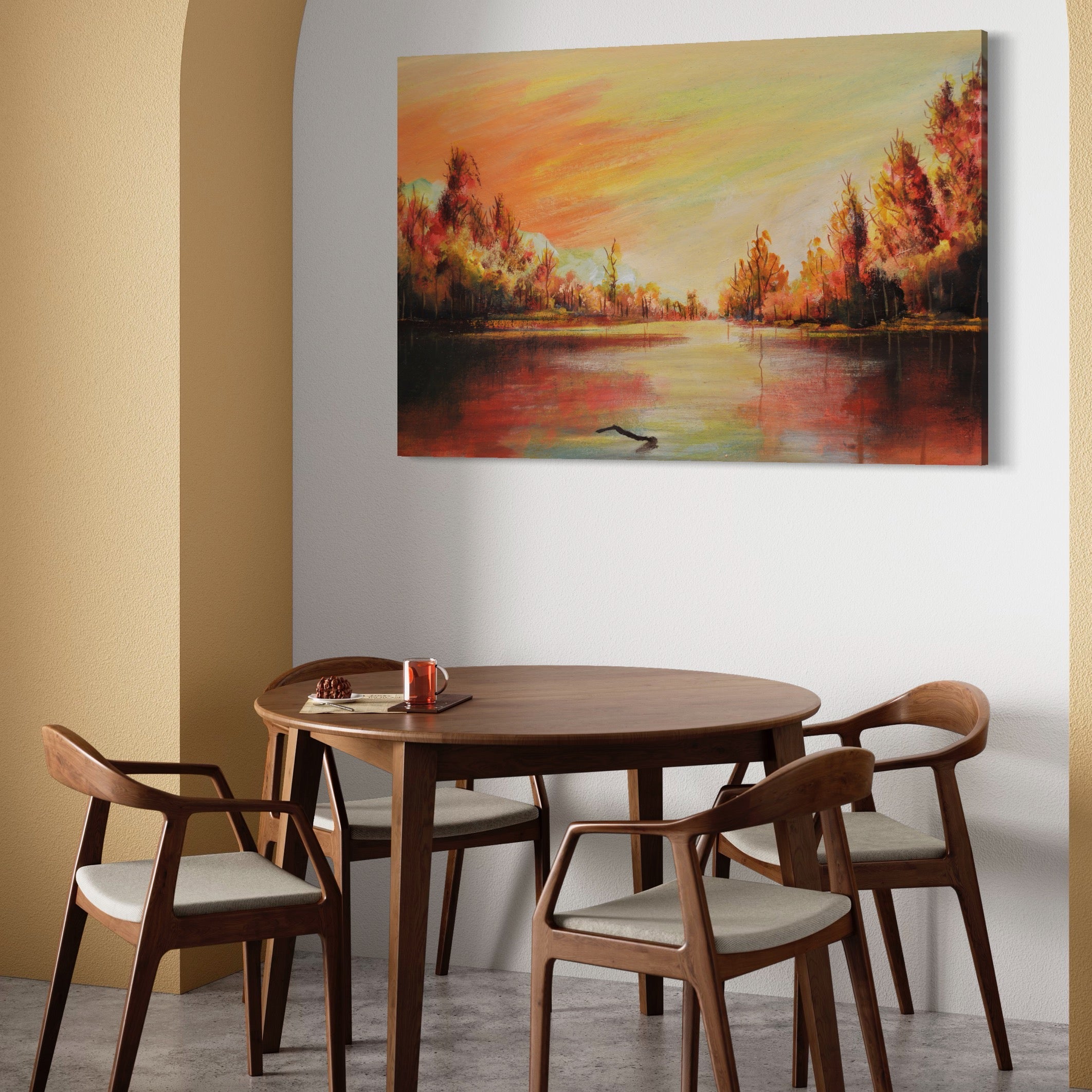 Tablou Canvas Premium LuxCanva® A1102, Apus De Toamna , Peisaj, Padure, Lac, Copaci, Culori Vibrante