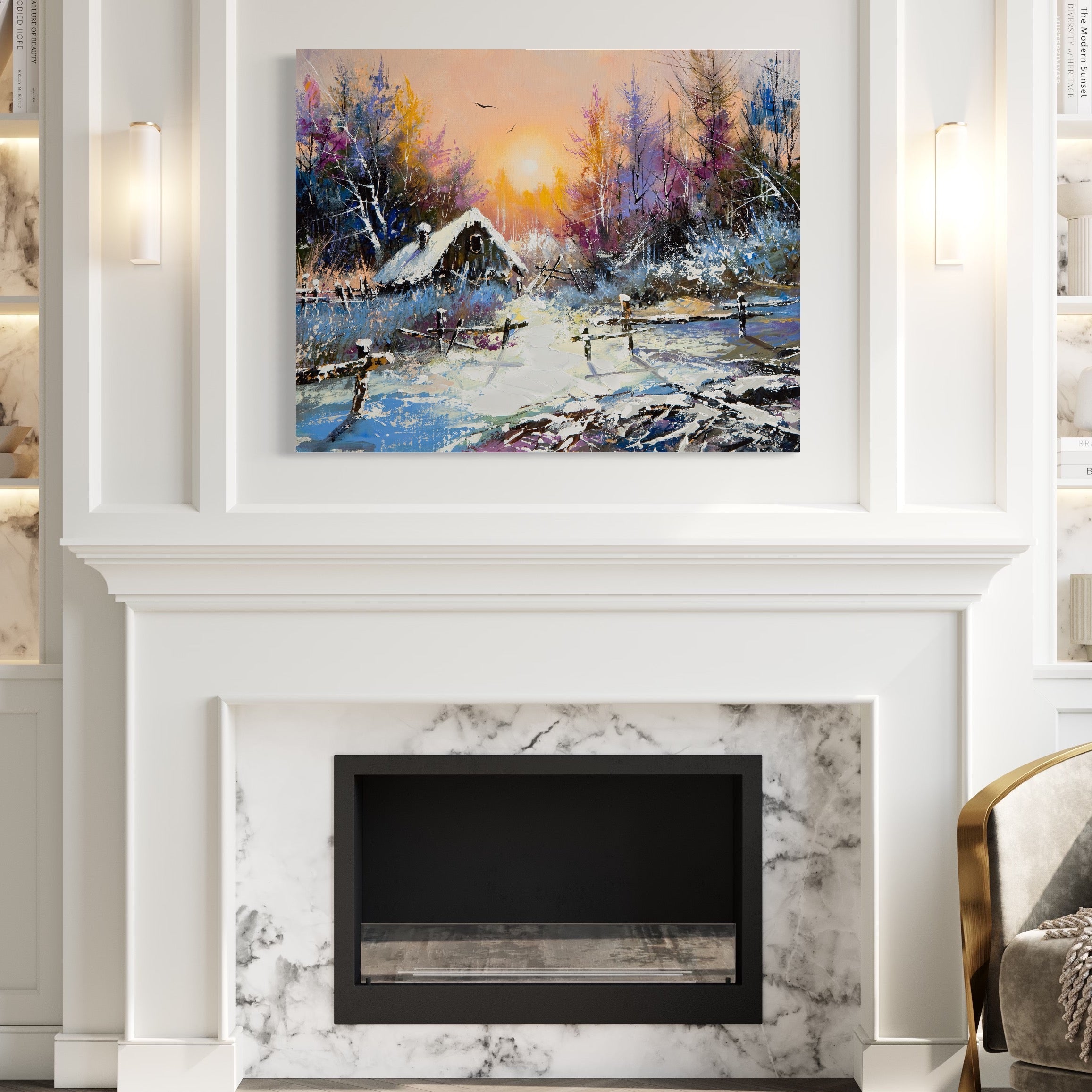 Tablou Canvas Premium LuxCanva® A1100, Iarna In Padure , Peisaj, Casa, Natura, Zapada, Culori Vibrante