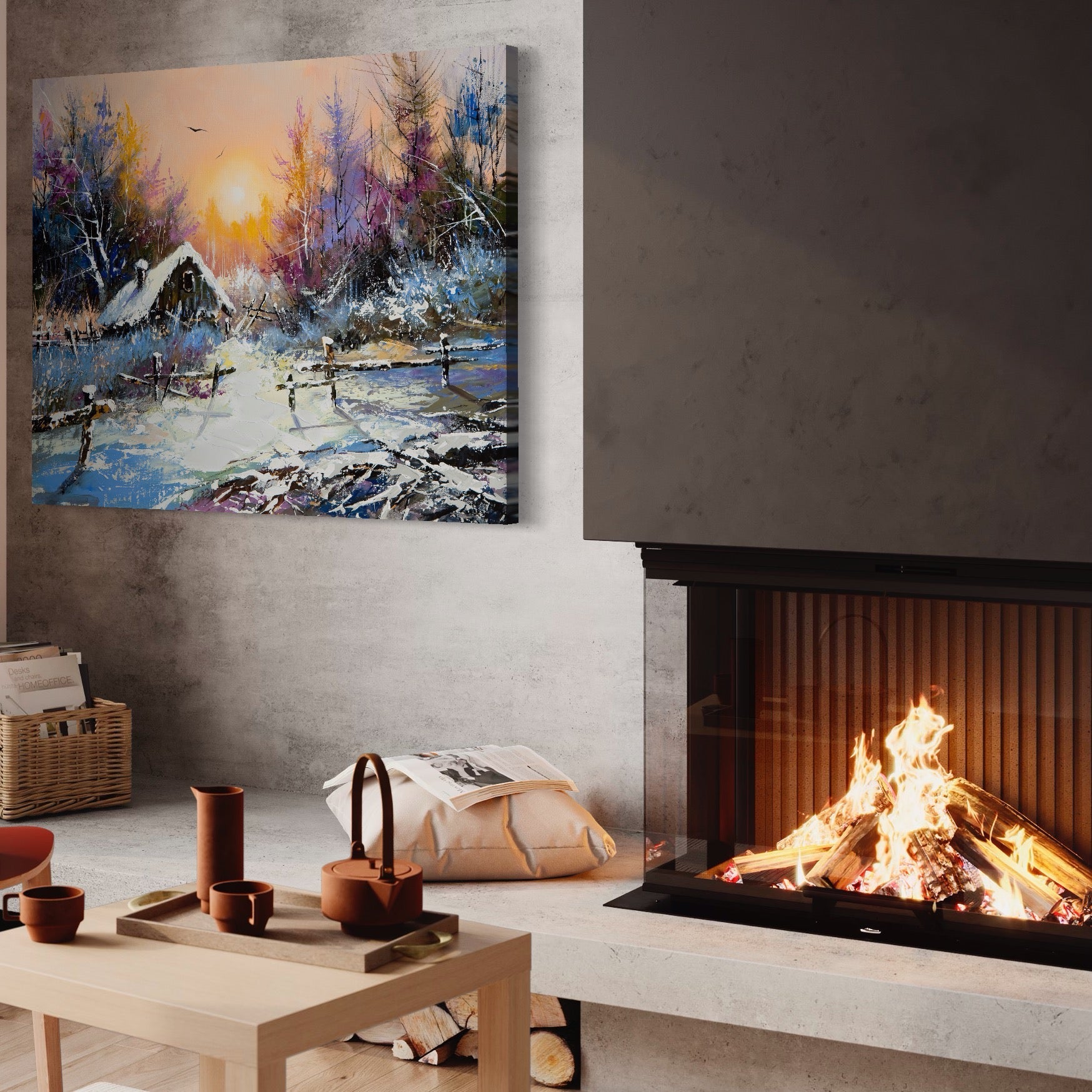 Tablou Canvas Premium LuxCanva® A1100, Iarna In Padure , Peisaj, Casa, Natura, Zapada, Culori Vibrante