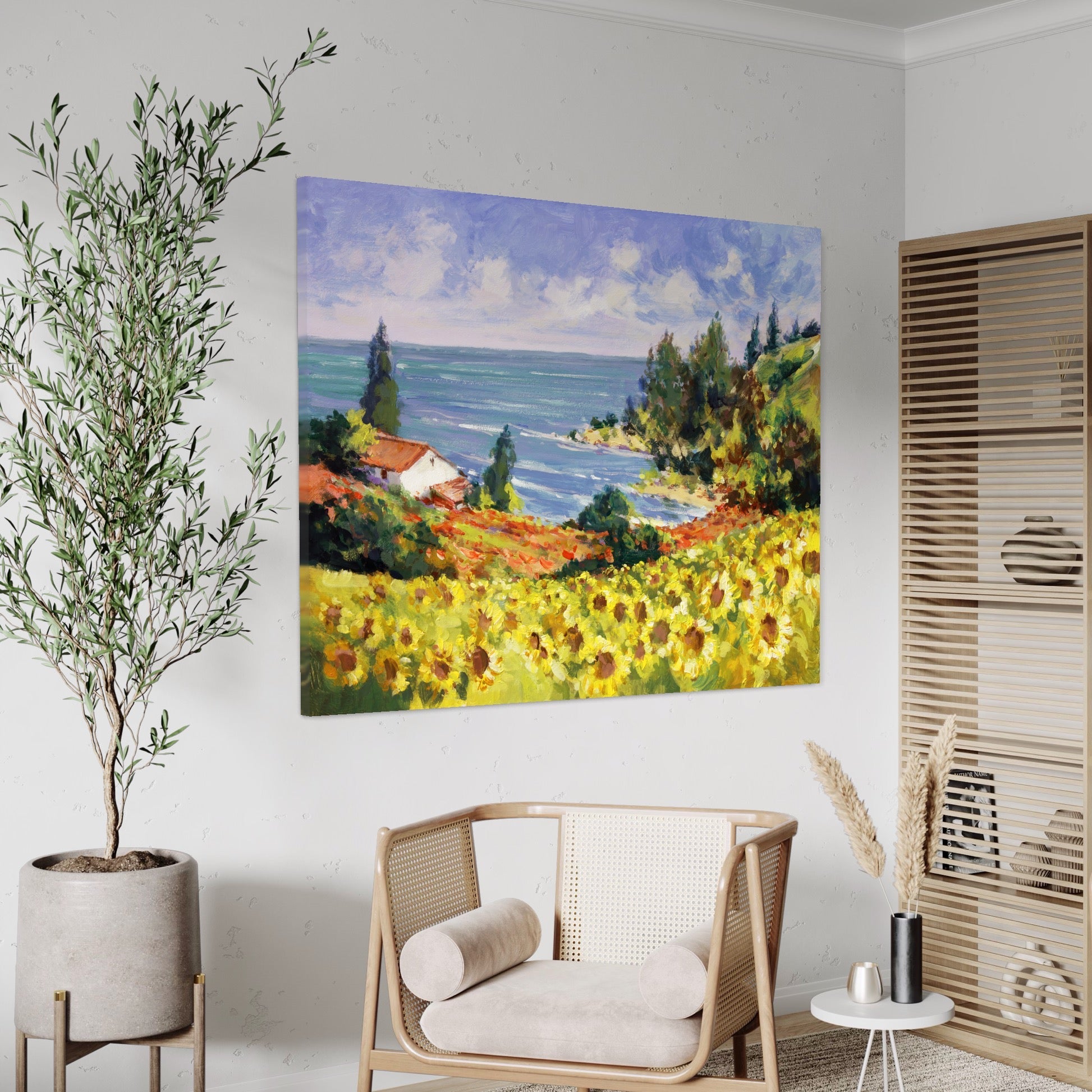 Tablou Canvas Premium LuxCanva® A1099, Floarea Soarelui , Peisaj, Mare, Casa, Culori Vibrante