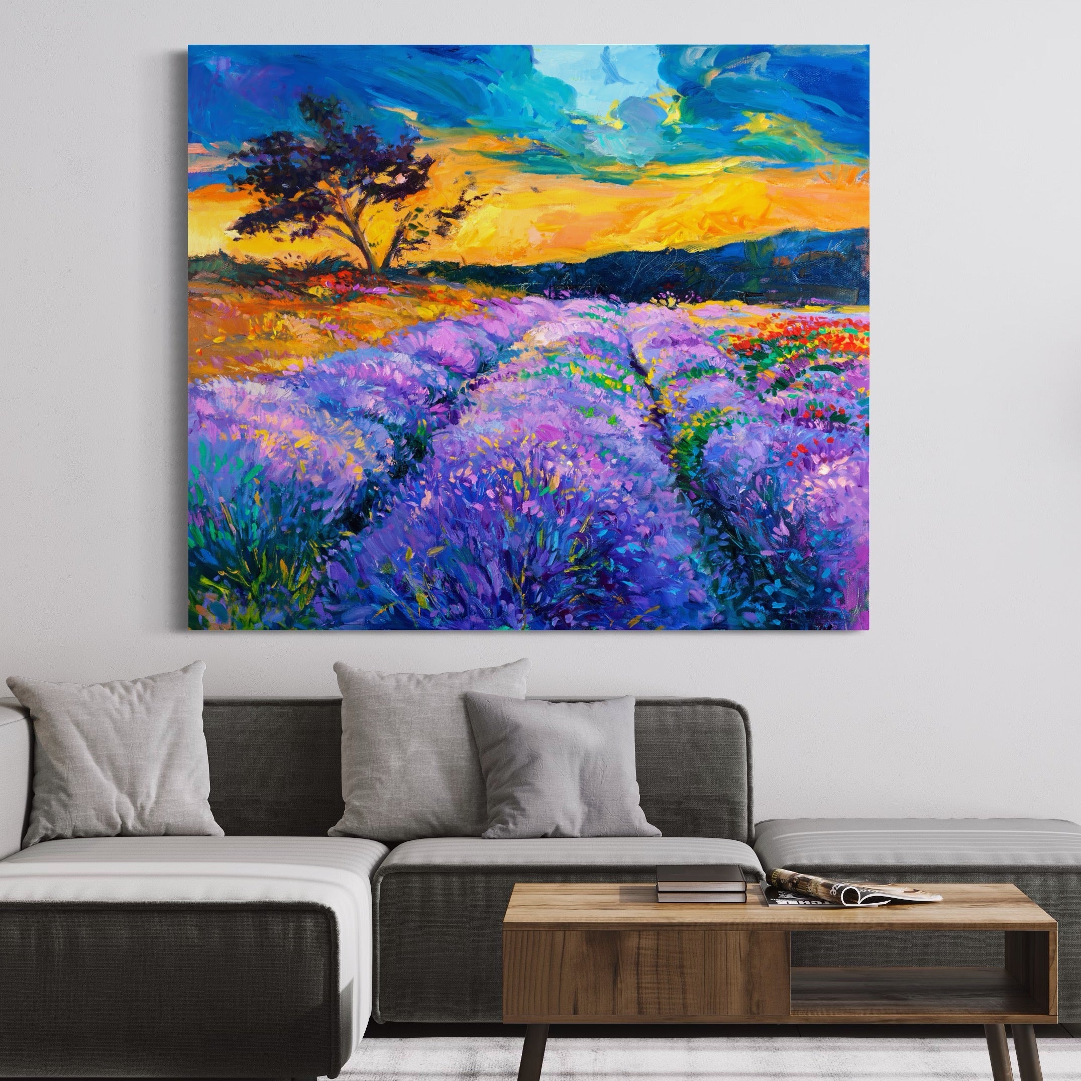 Tablou Canvas Premium LuxCanva® A1097, Lavanda ,  Peisaj, Apus, Mov, Lila, Camp, Culori Vibrante