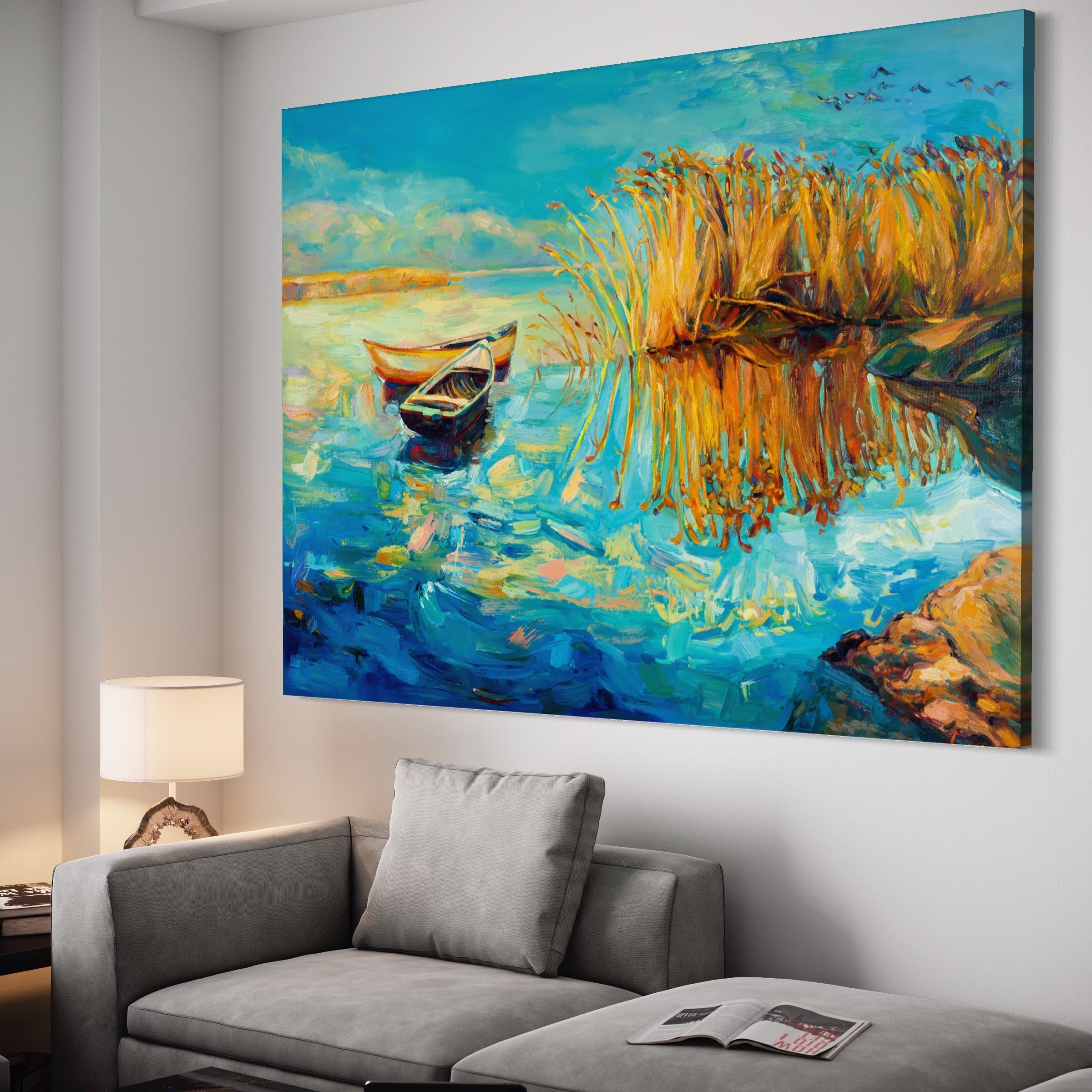 Tablou Canvas Premium  LuxCanva® A1096, Doua Barci , Stuf, Lac, Pasari, Culori Vibrante