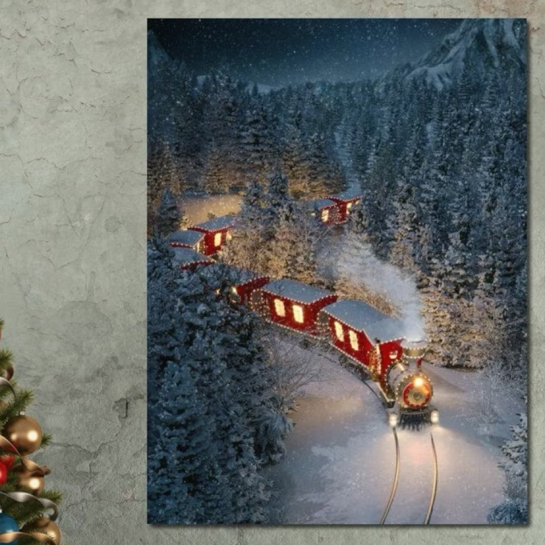Tablou Canvas Premium LuxCanva® D1000, Trenul lui Mos Craciun , Relaxare, Craciun, Cadouri, Rosu, Zapada, Camera Copii, Culori Vibrante