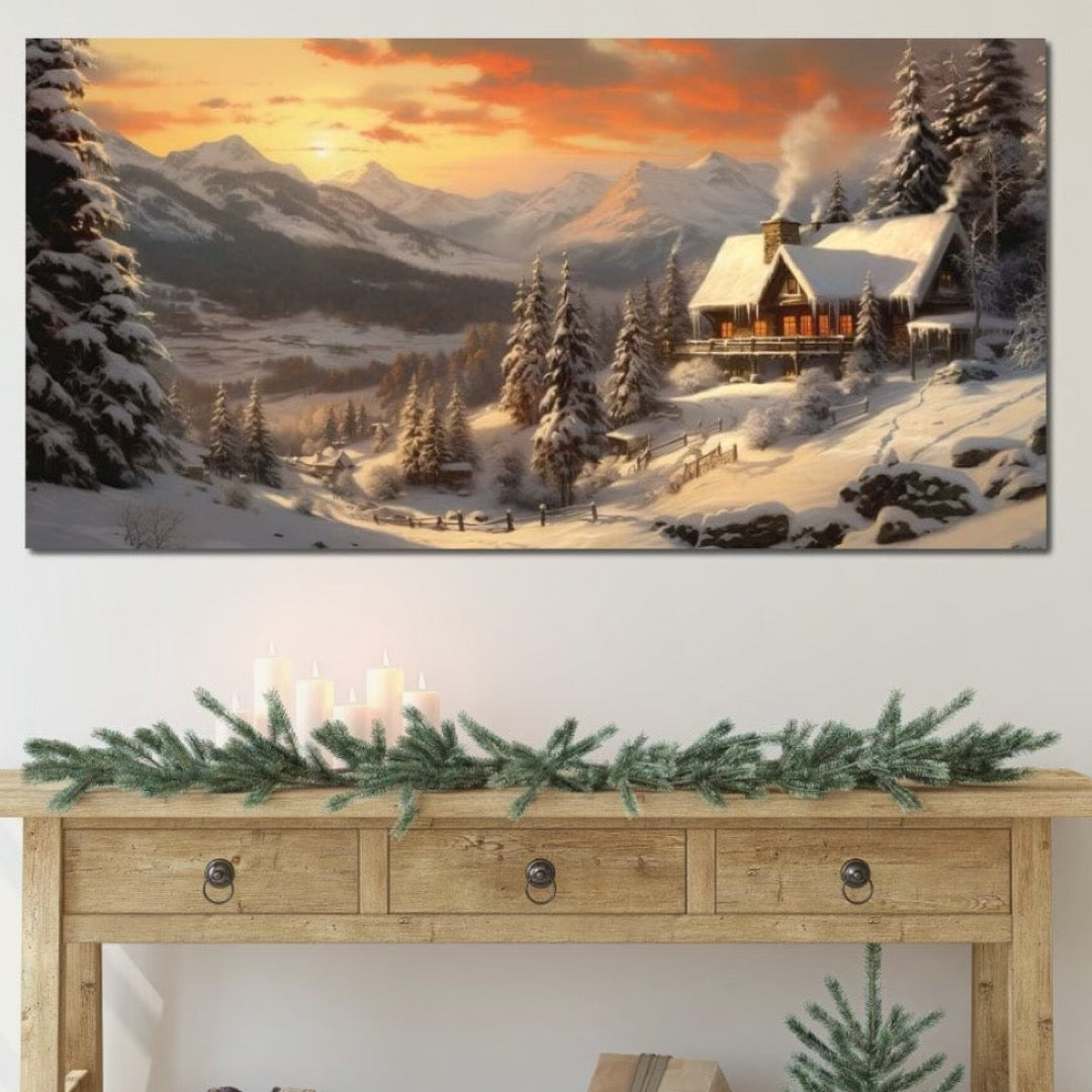 Tablou Canvas Premium LuxCanva® D1007, Rasarit la Cabana din Munti , Plimbare, Iarna, Vacanta, Liniste, Munti, Living Room, Omat, Culori Vibrante