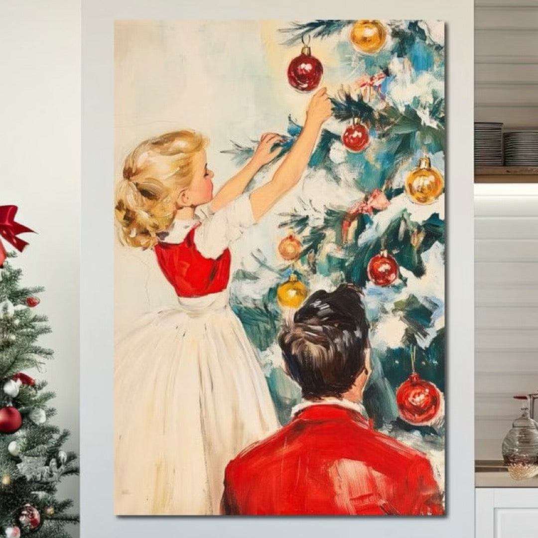 Tablou Canvas Premium LuxCanva® D1016, Fetita Impodobind Bradul , Ramuri, Brad, Impodobit, Familie, Globuri, Living Room, Culori vibrante