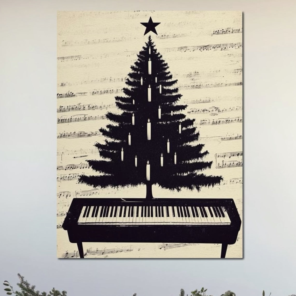 Tablou Canvas Premium LuxCanva® D1017, Bradul de pe Pian , Brad, Abstract, Negru, Pian, Clape, Living Room, Culori vibrante