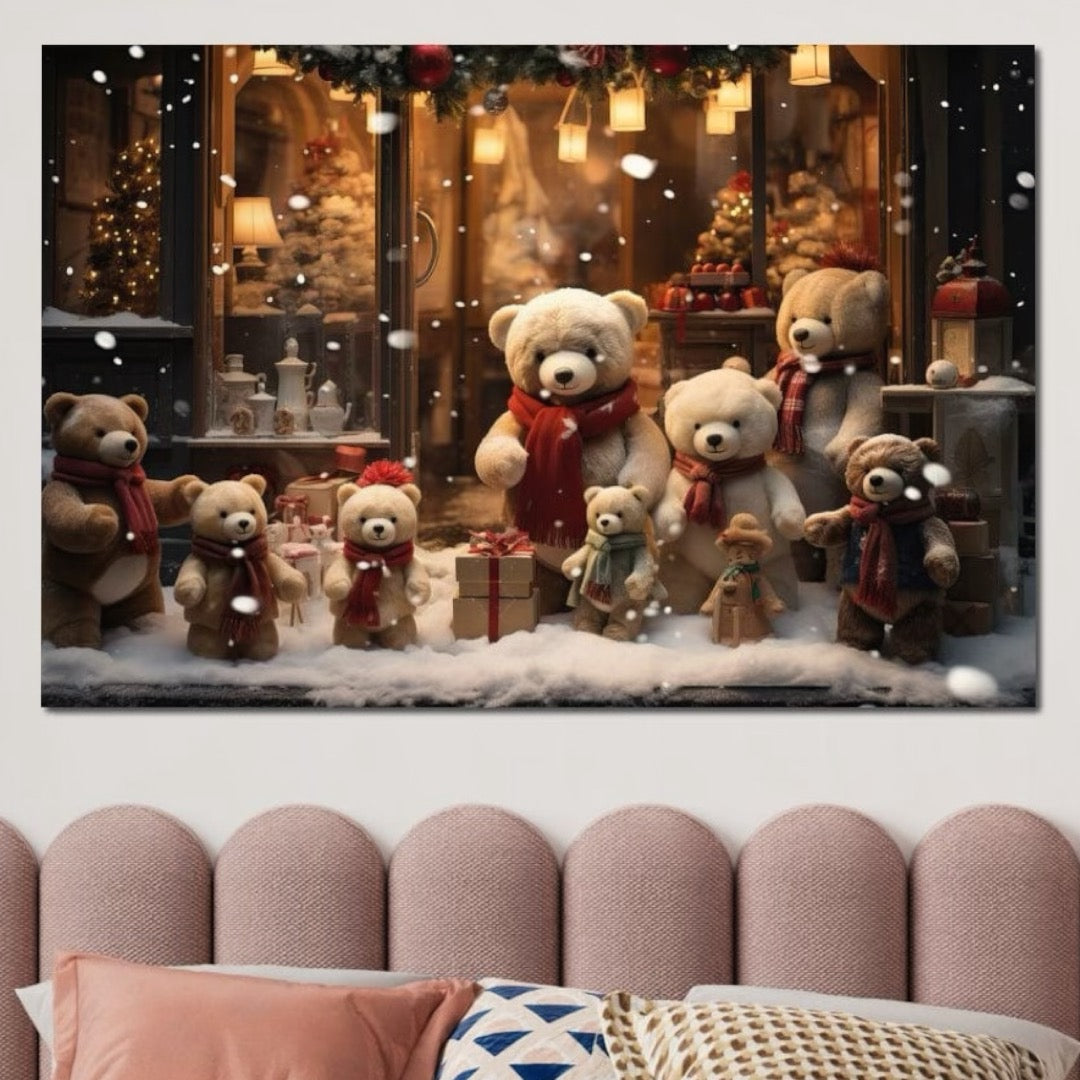 Tablou Canvas Premium LuxCanva® D1024, Craciunul Ursilor Polari , Ursi, Familie, Frati, Magazin, Felinare, Living Room, Culori vibrante