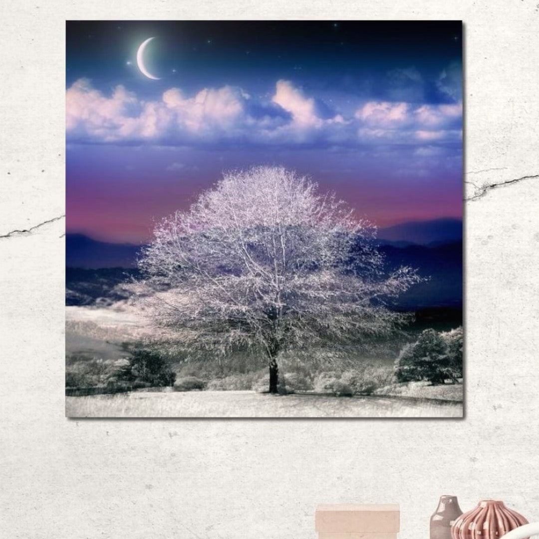 Tablou Canvas Premium LuxCanva® D1029, Scena de Iarna Fantasmica , Semiluna, Nori, Copac, Ramuri, Inghet, Living Room, Culori vibrante