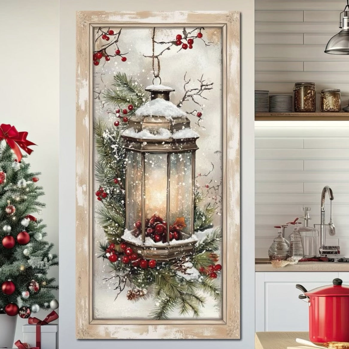 Tablou Canvas Premium LuxCanva® D1031, Stralucirea Felinarului , Ramuri, Brad, Nea, Lumina, Felinar, Living Room, Culori vibrante