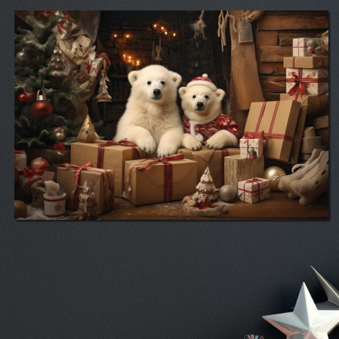 Tablou Canvas Premium LuxCanva® D1037, Craciunul Ursuletilor Polari , Ursi, Polari, Asteptare, Polul Nord, Festiv, Living Room, Culori vibrante
