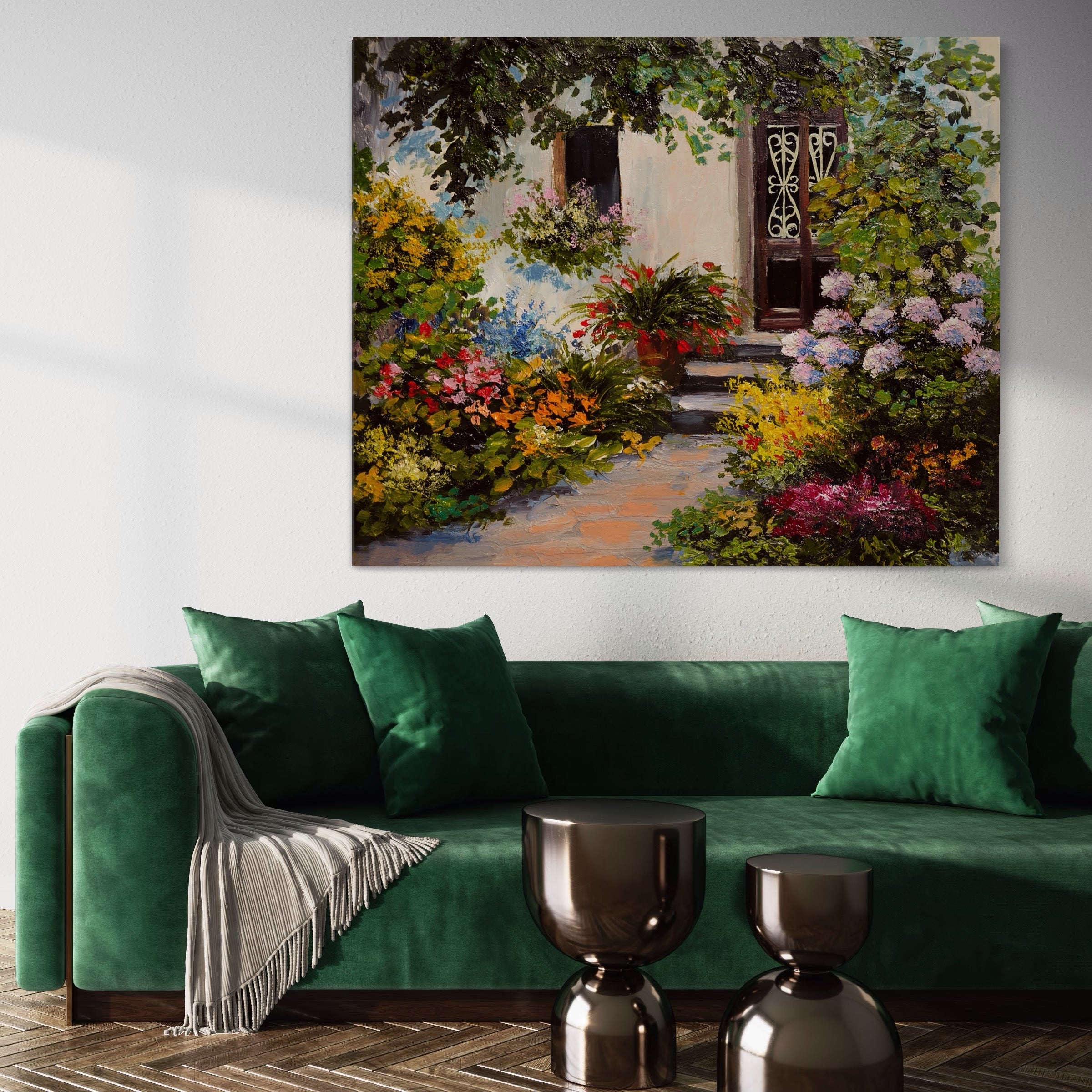 Tablou Canvas Premium LuxCanva® A1078, Aleea Cu Flori , Peisaj, Gradina, Casa, Natura, Culori Vibrante