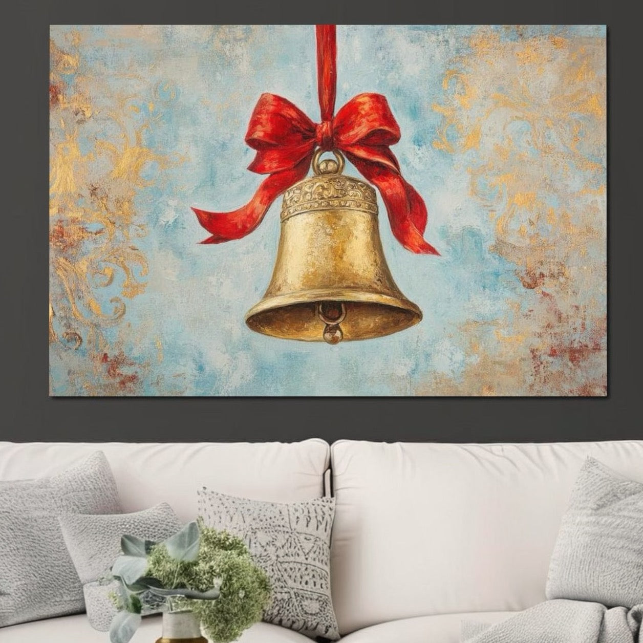 Tablou Canvas Premium LuxCanva® D1039, Clopotelul Muzical , Clopot, Brad, Decoratiune, Auriu, Muzical, Colindat, Living Room, Culori vibrante