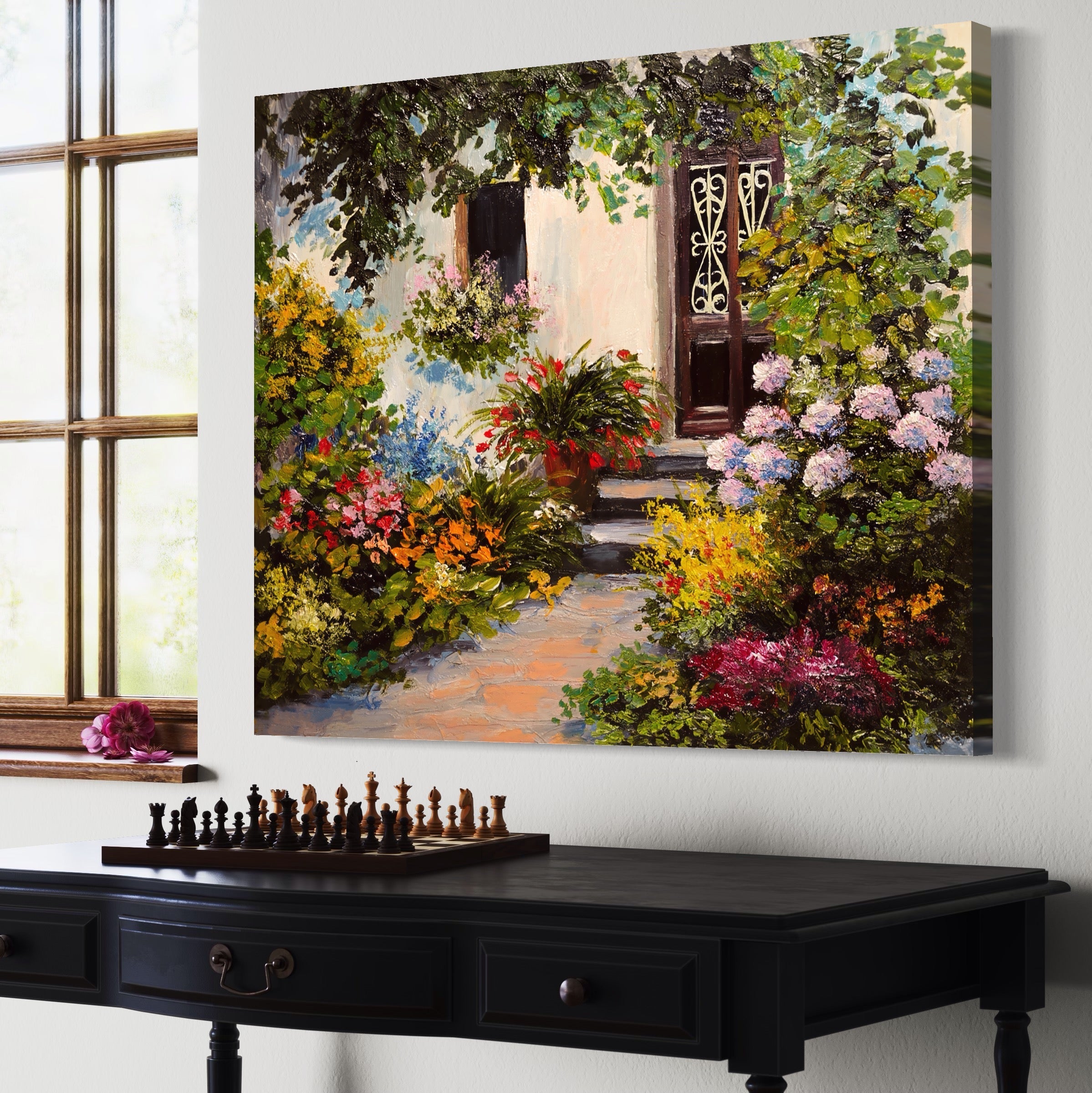 Tablou Canvas Premium LuxCanva® A1078, Aleea Cu Flori , Peisaj, Gradina, Casa, Natura, Culori Vibrante