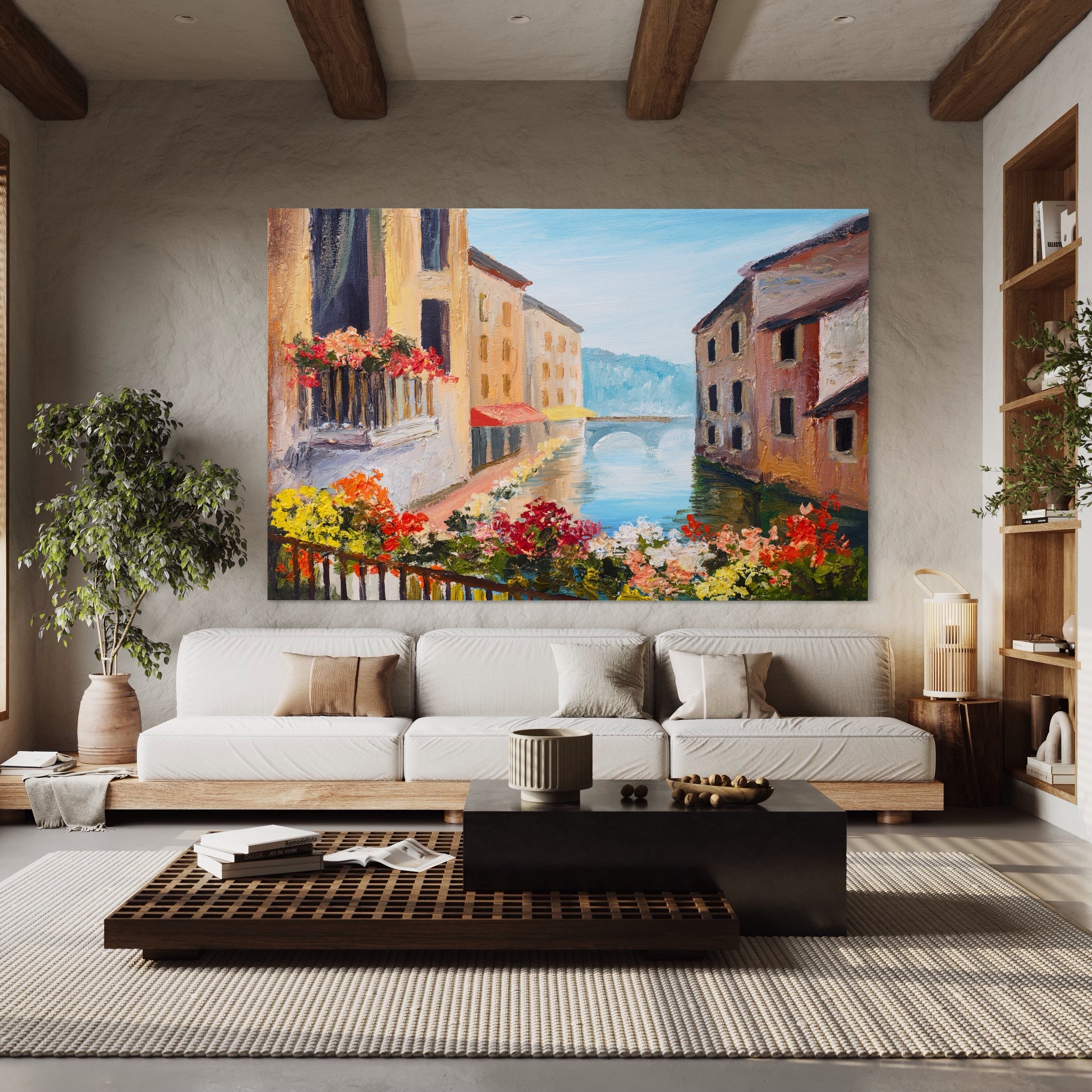 Tablou Canvas Premium LuxCanva® A1076, Flori La Fereastra , Peisaj, Flori Colorate, Case, Culori Vibrante