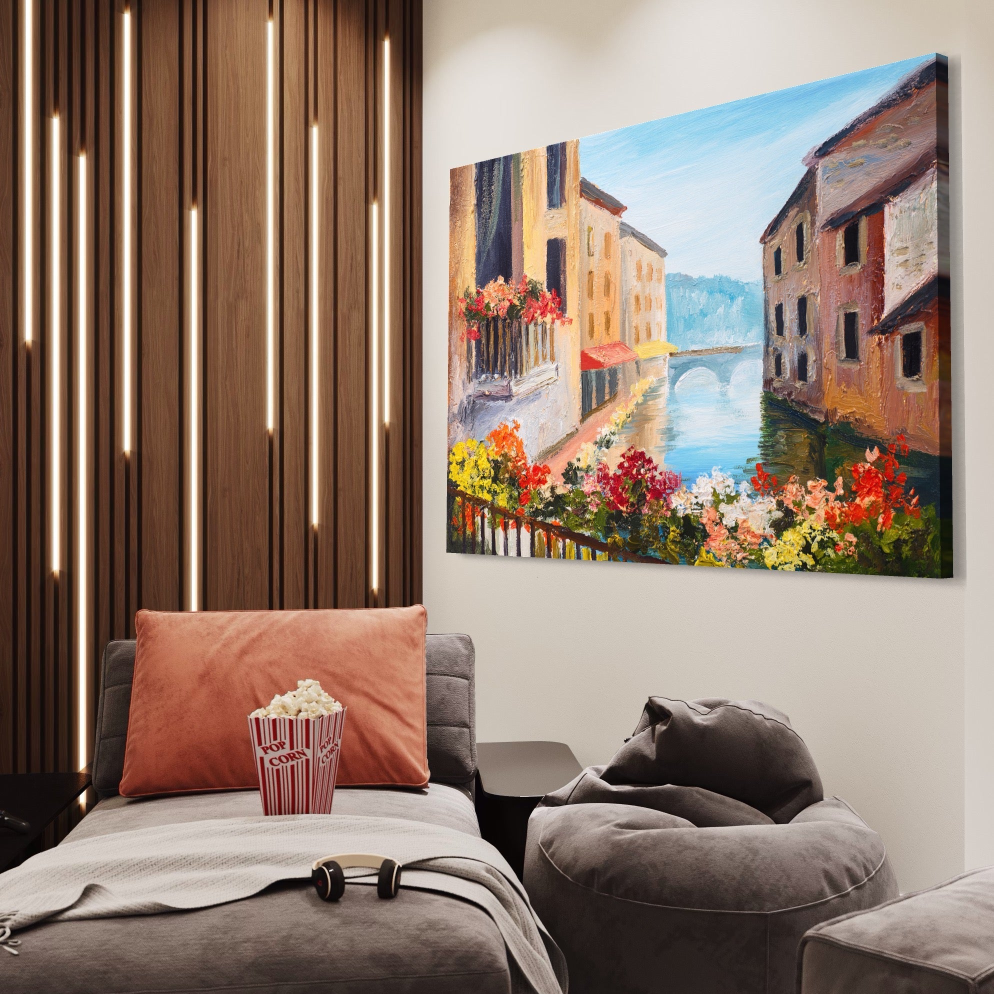 Tablou Canvas Premium LuxCanva® A1076, Flori La Fereastra , Peisaj, Flori Colorate, Case, Culori Vibrante