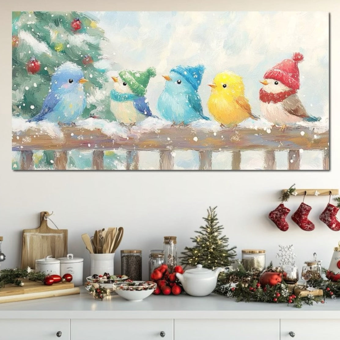 Tablou Canvas Premium LuxCanva® D1044, Pasarele in Straie de Iarna , Vrabiute, Iernatica, Veselie, Cantec, Prietenie, Living Room, Culori vibrante