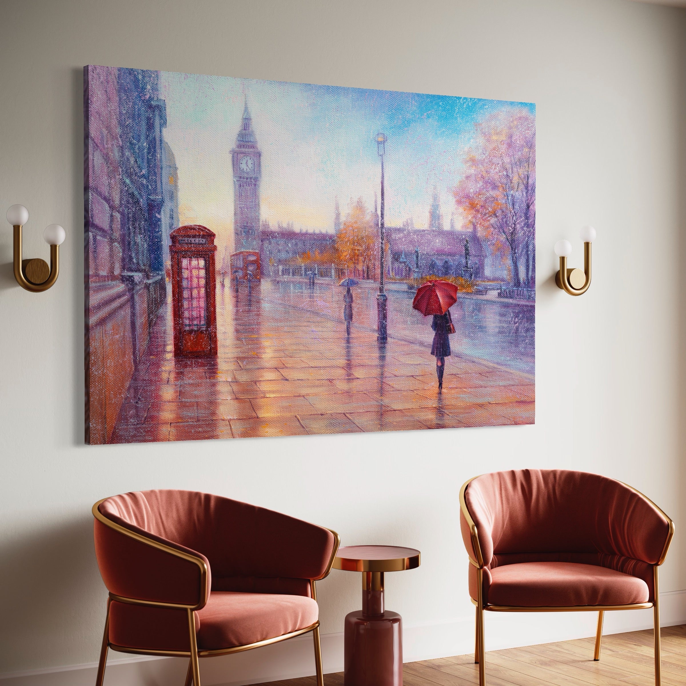 Tablou Canvas Premium LuxCanva® A1075, Ploaie In Londra , Red Telephone, Plimbare, Umbrela Rosie, Culori Vibrante