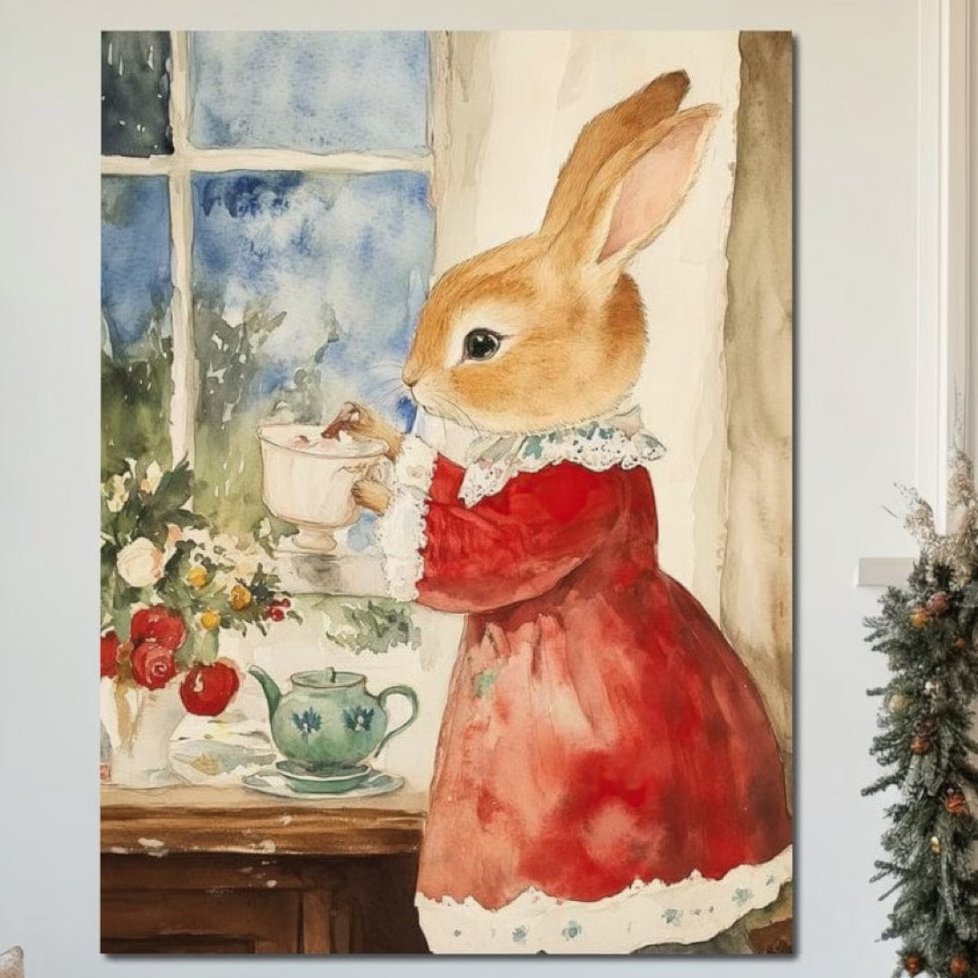 Tablou Canvas Premium LuxCanva® D1047, Iepurasul Rosu si Aroma Ceaiului ,  Iepure, Ceai, Fereastra, Nostalgie, Elegant, Living Room, Culori vibrante