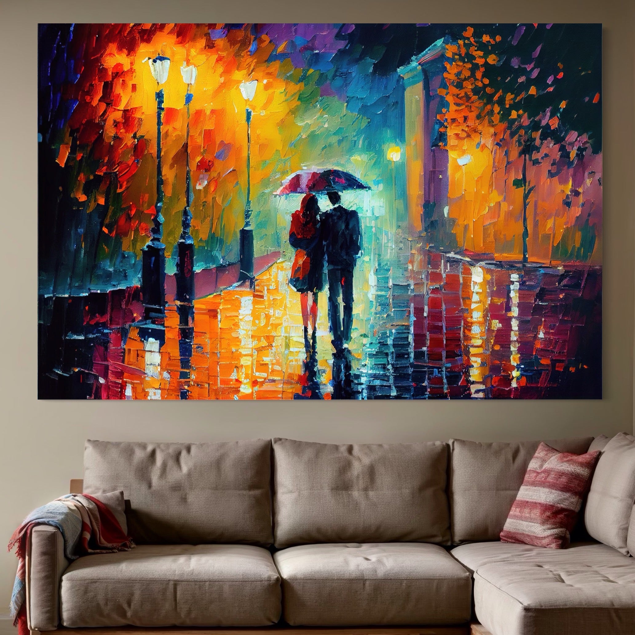 Tablou Canvas Premium LuxCanva® A1073, Ploaie La Ceas De Seara , Indragostiti, Plimbare, Felinare, Culori Vibrante