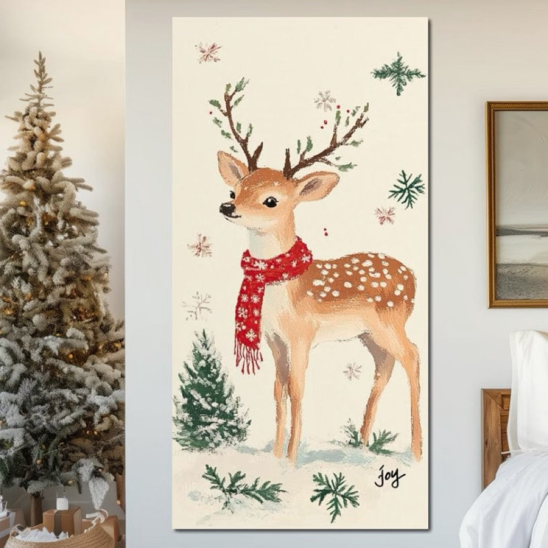 Tablou Canvas Premium LuxCanva® D1049, Povestea Renului cu Fular Rosu ,  Ren, Brad, Fular, Rosu, Zapada, Living Room, Culori vibrante