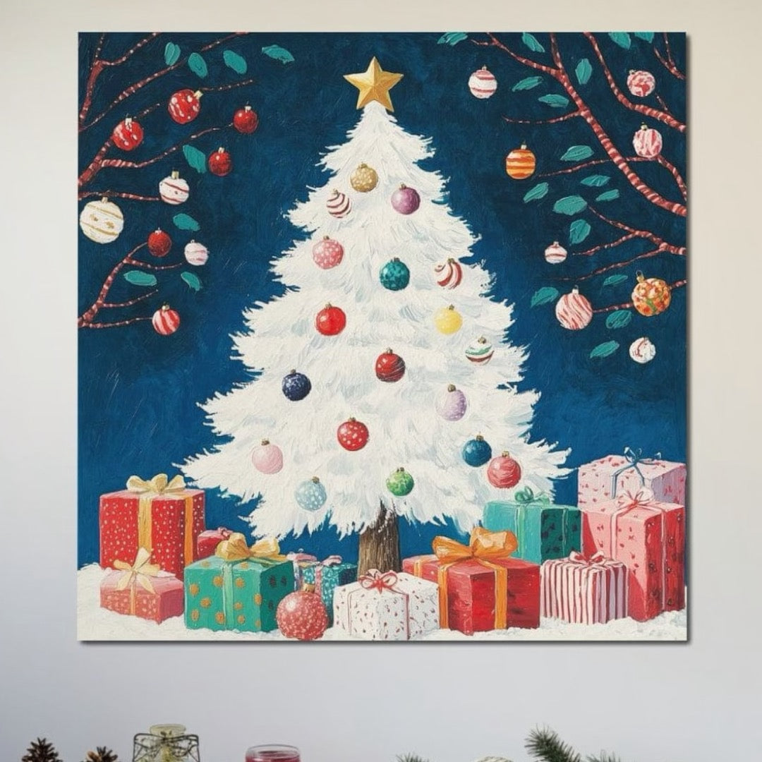 Tablou Canvas Premium LuxCanva® D1051, Farmecul Bradului Alb de Craciun ,  Bradut, Alb, Globulete, Cadouti, Ajun, Copilarie, Living Room, Culori vibrante