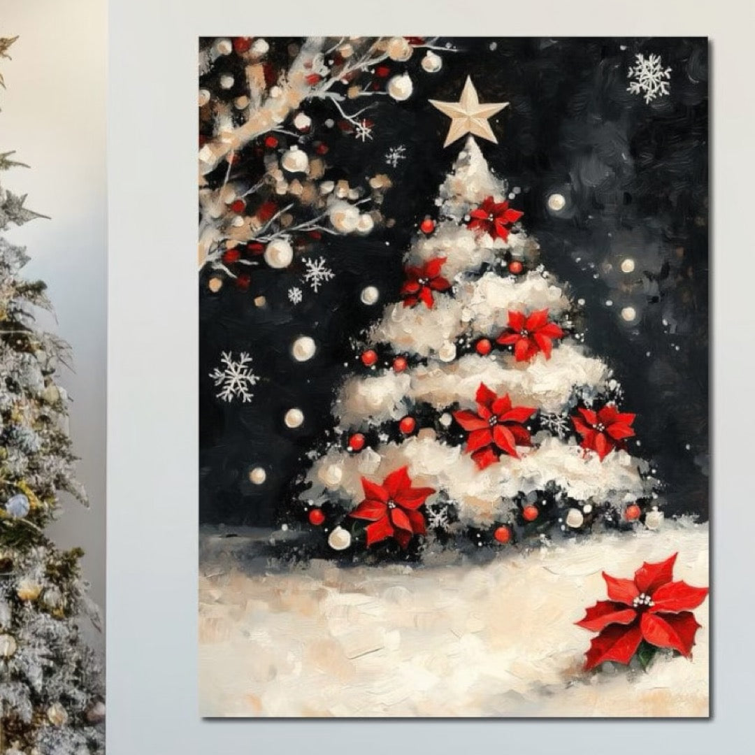 Tablou Canvas Premium LuxCanva® D1056, Bradul din Noaptea Magica , Craciun, Luminite, Brad, Instalatie, Alb, Poinsettia, Living, Culori vibrante