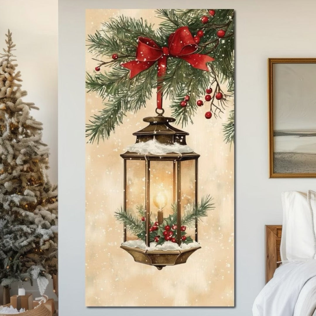 Tablou Canvas Premium LuxCanva® D1059, Felinarul Impodobit , Felinar, Brad, Lumina, Auriu, Casa, Zapada, Living Room, Culori vibrante