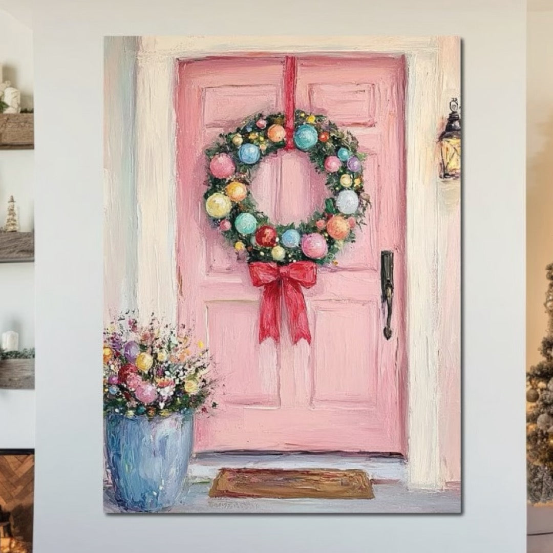 Tablou Canvas Premium LuxCanva® D1060, Bine ai Venit, Craciun , Coronita, Roz, Usa, Festiv, Craciun, Musafiri, Living Room, Culori vibrante