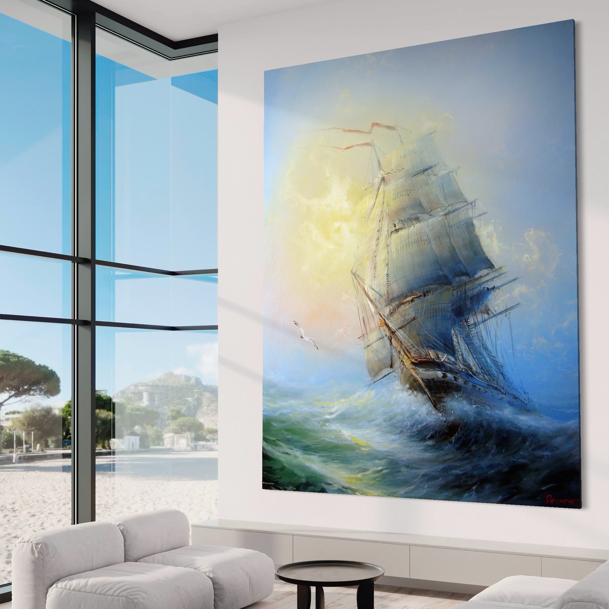 Tablou Canvas Premium LuxCanva® A1063, Vapor Pe Mare , Valuri, Furtuna, Vele, Culori Vibrante