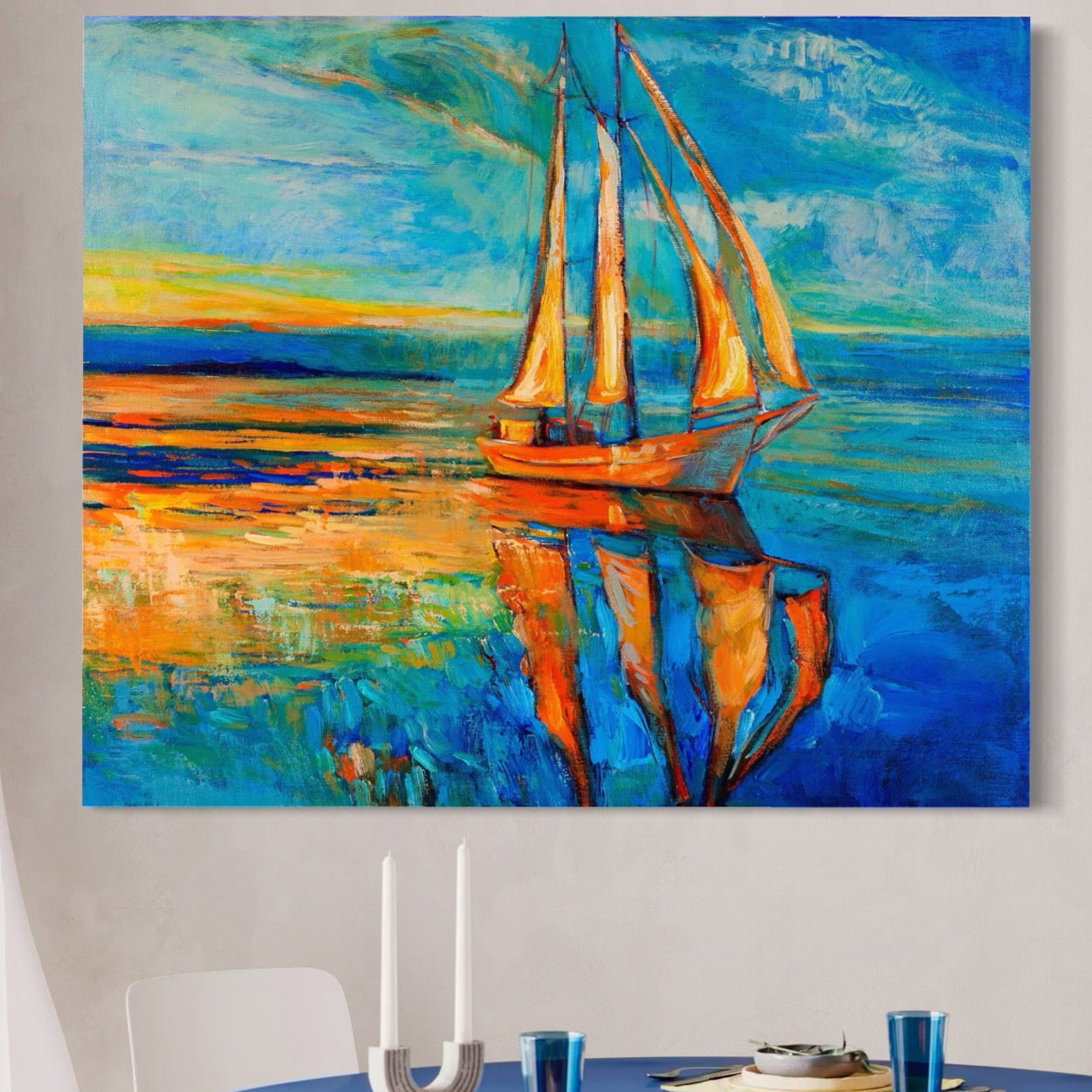 Tablou Canvas Premium LuxCanva® A1062, Pescar In Barca , Peisaj, Mare, Portocaliu, Abstract, Culori Vibrante