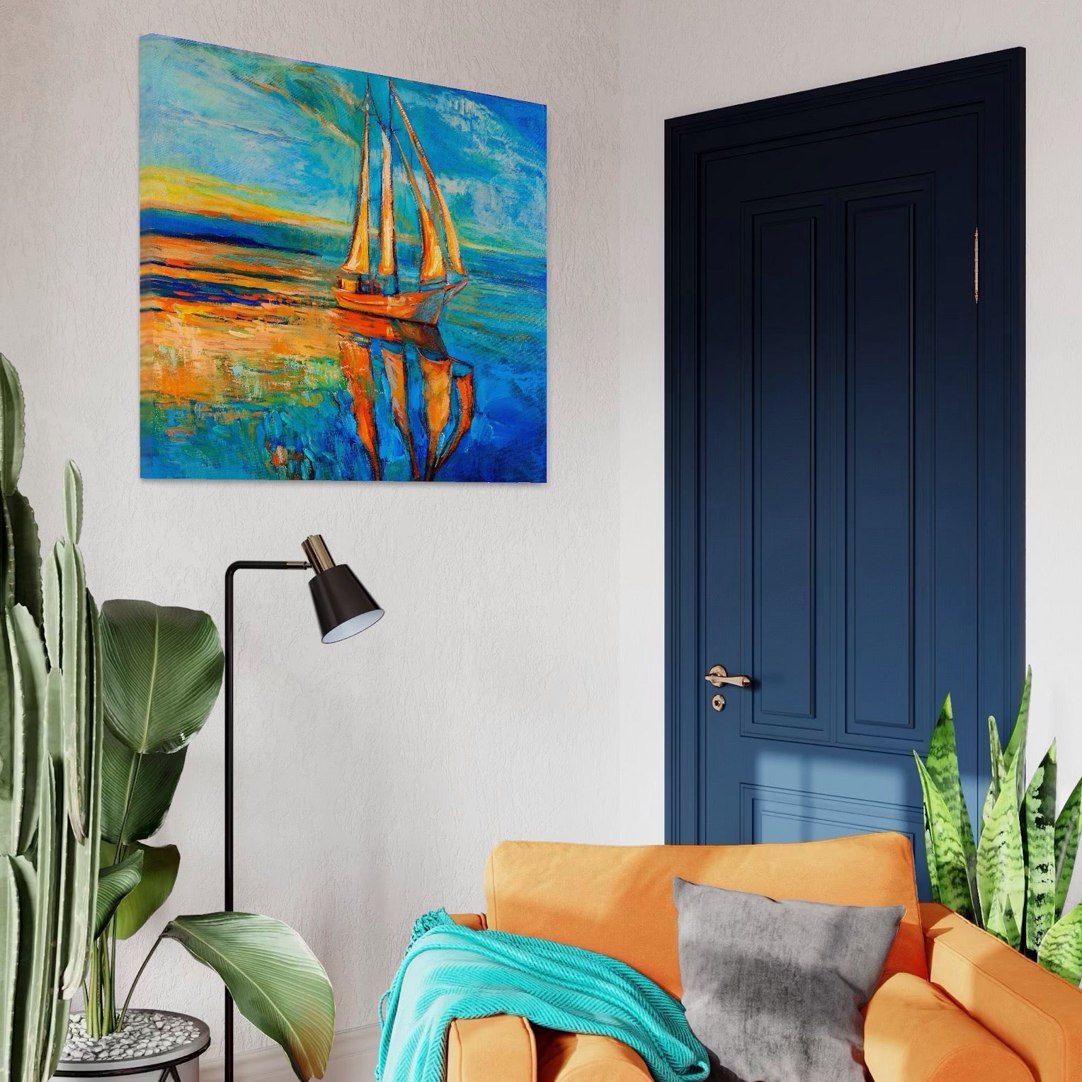 Tablou Canvas Premium LuxCanva® A1062, Pescar In Barca , Peisaj, Mare, Portocaliu, Abstract, Culori Vibrante