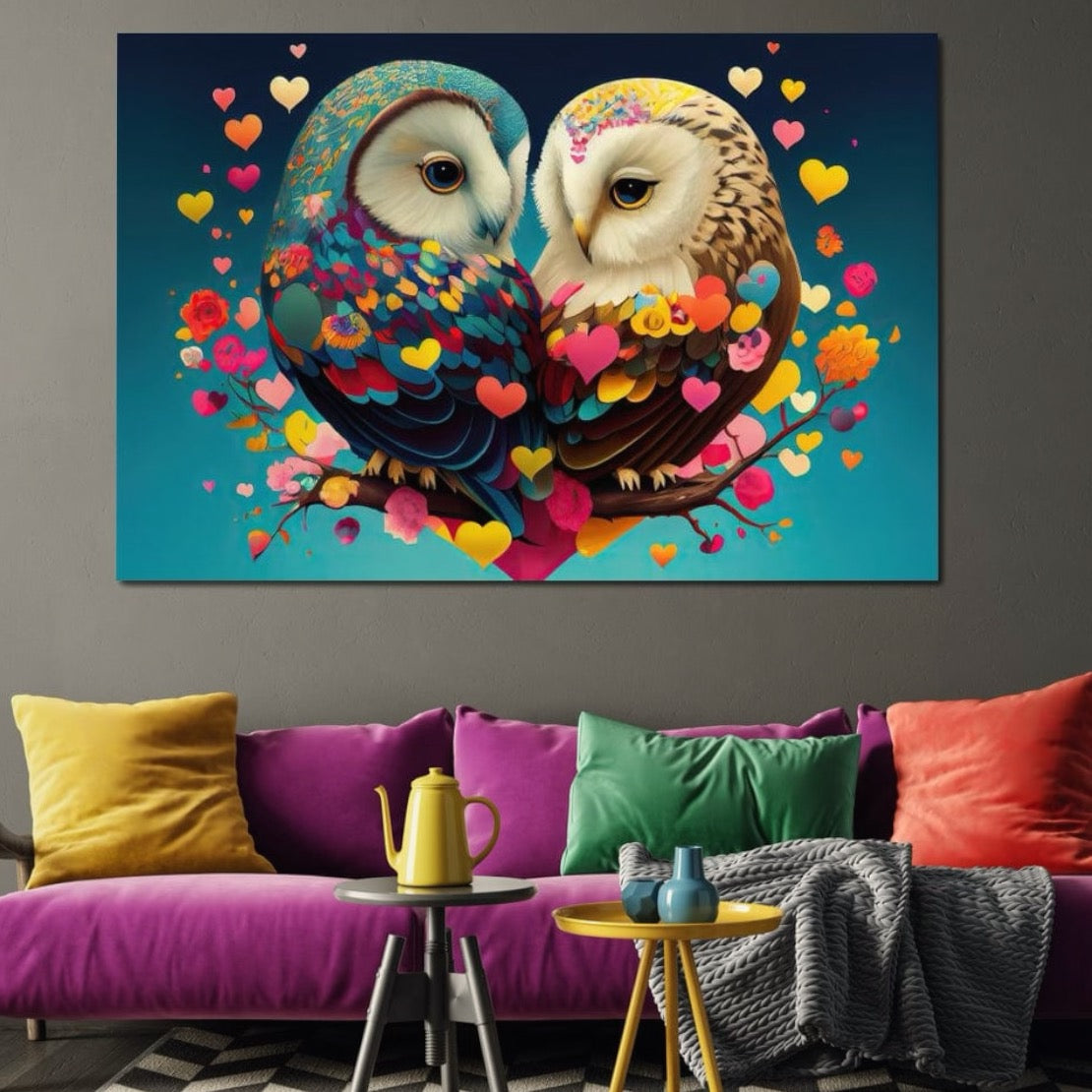 Tablou Canvas Premium LuxCanva® E1022, Bufnitele Iubirii, Bufnite, Conexiune, Iubire, Armonie, Inimi, Living Room, Culori vibrante