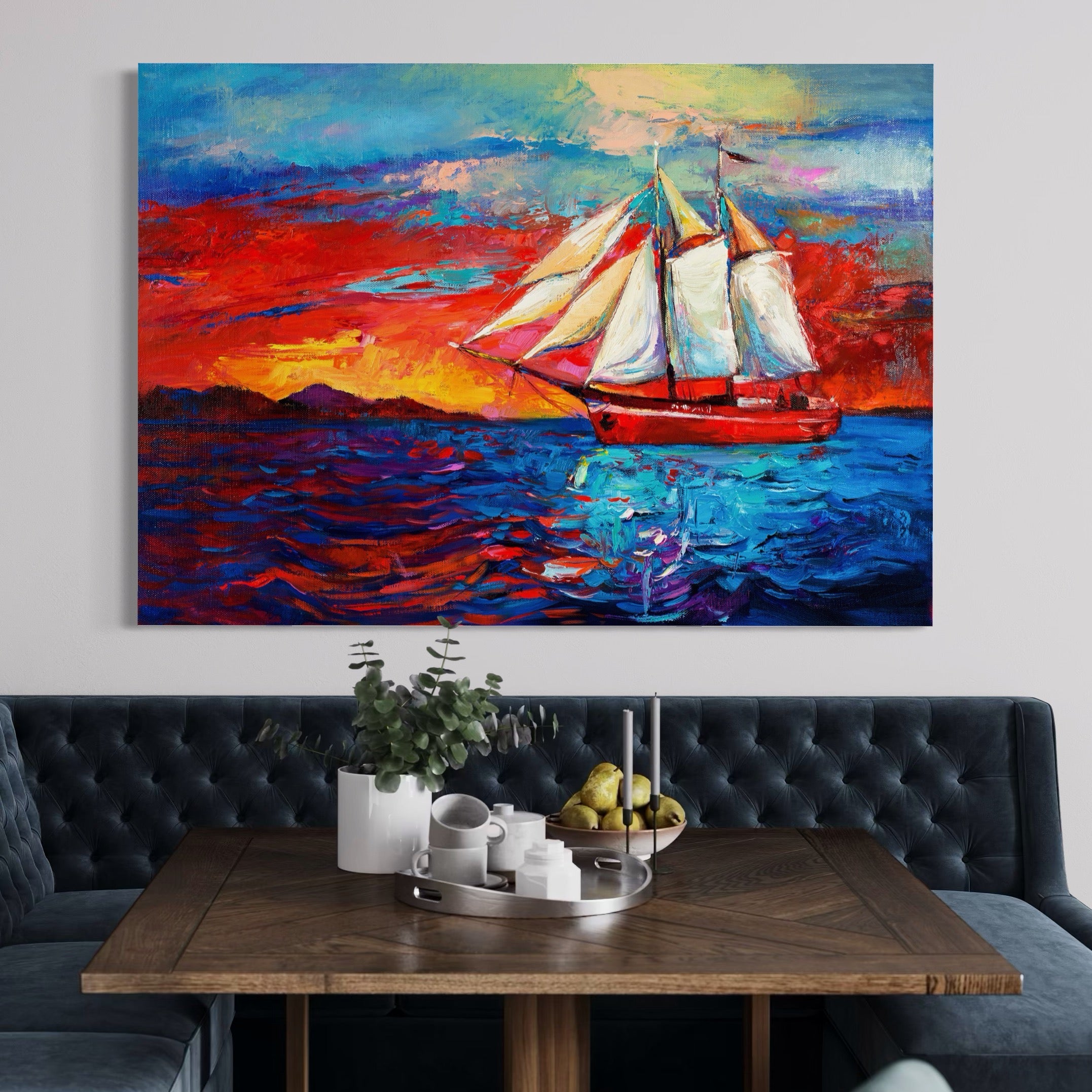 Tablou Canvas Premium LuxCanva® A1061, Vapor Cu Vele , Peisaj, Mare, Rosu, Albastru, Abstract, Culori Vibrante