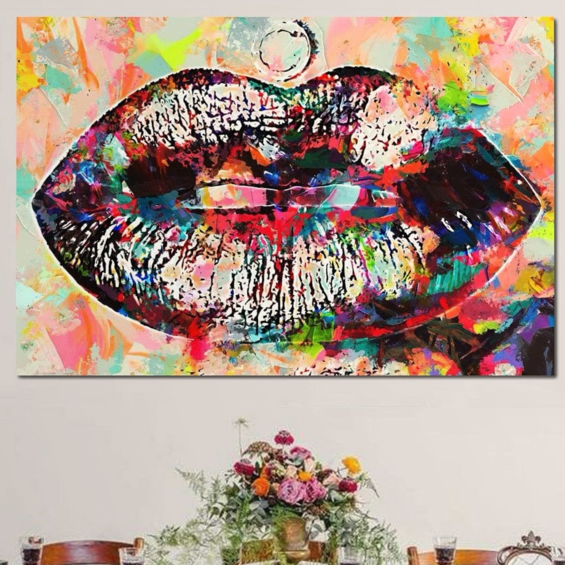 Tablou Canvas Premium LuxCanva® E1028, Sarut Pop Art, Buze, Glamour, Neon, Cromatic, Senzualitate, Living Room, Culori vibrante