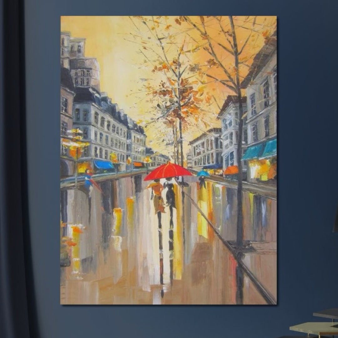 Tablou Canvas Premium LuxCanva® E1029, Toamna Pariziana, Ploaie, Oras, Toamna, Umbrela, Serenitate, Living Room, Culori vibrante