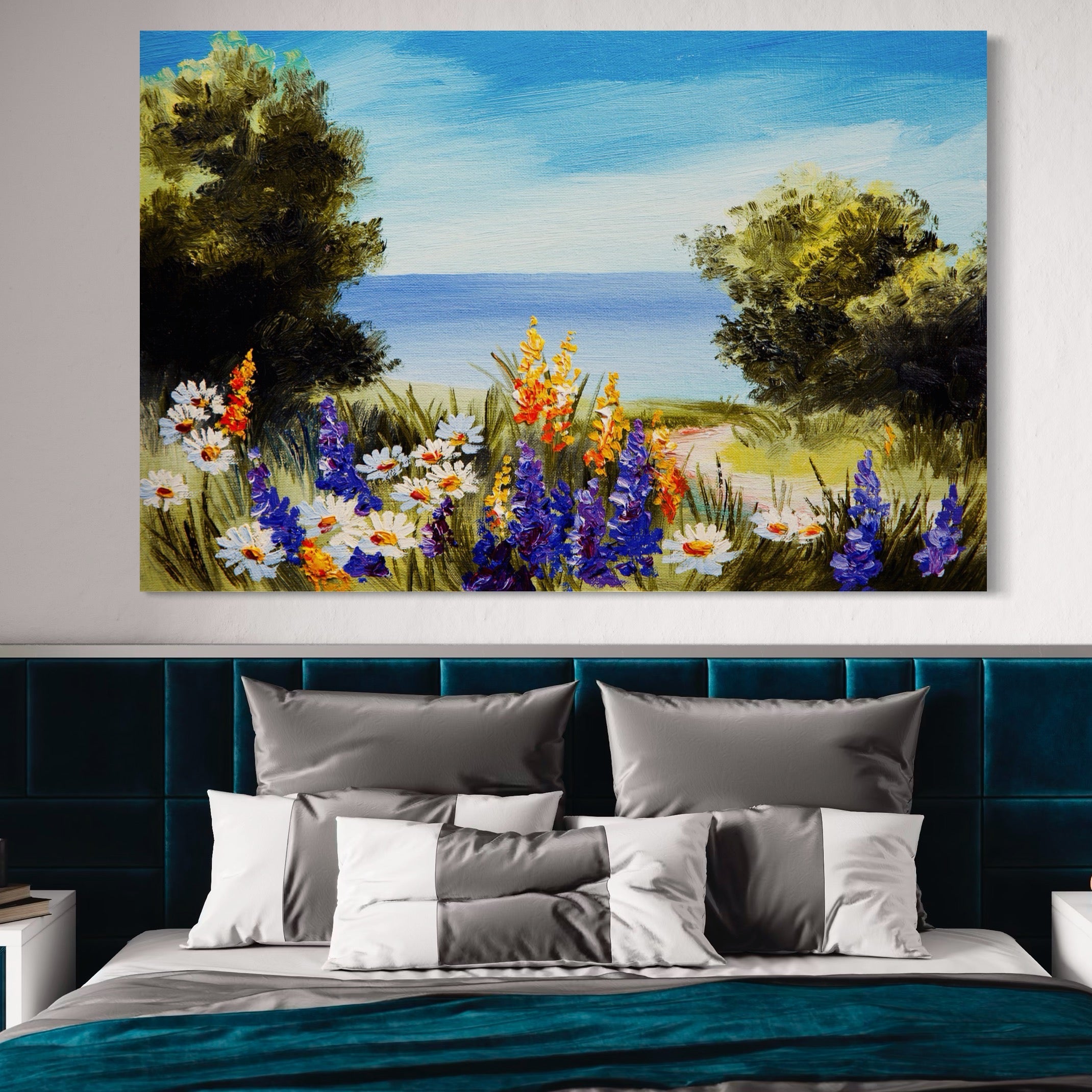 Tablou Canvas Premium LuxCanva® A1060, Flori Violet , Peisaj, Flori Albe, Mare, Natura, Culori Vibrante