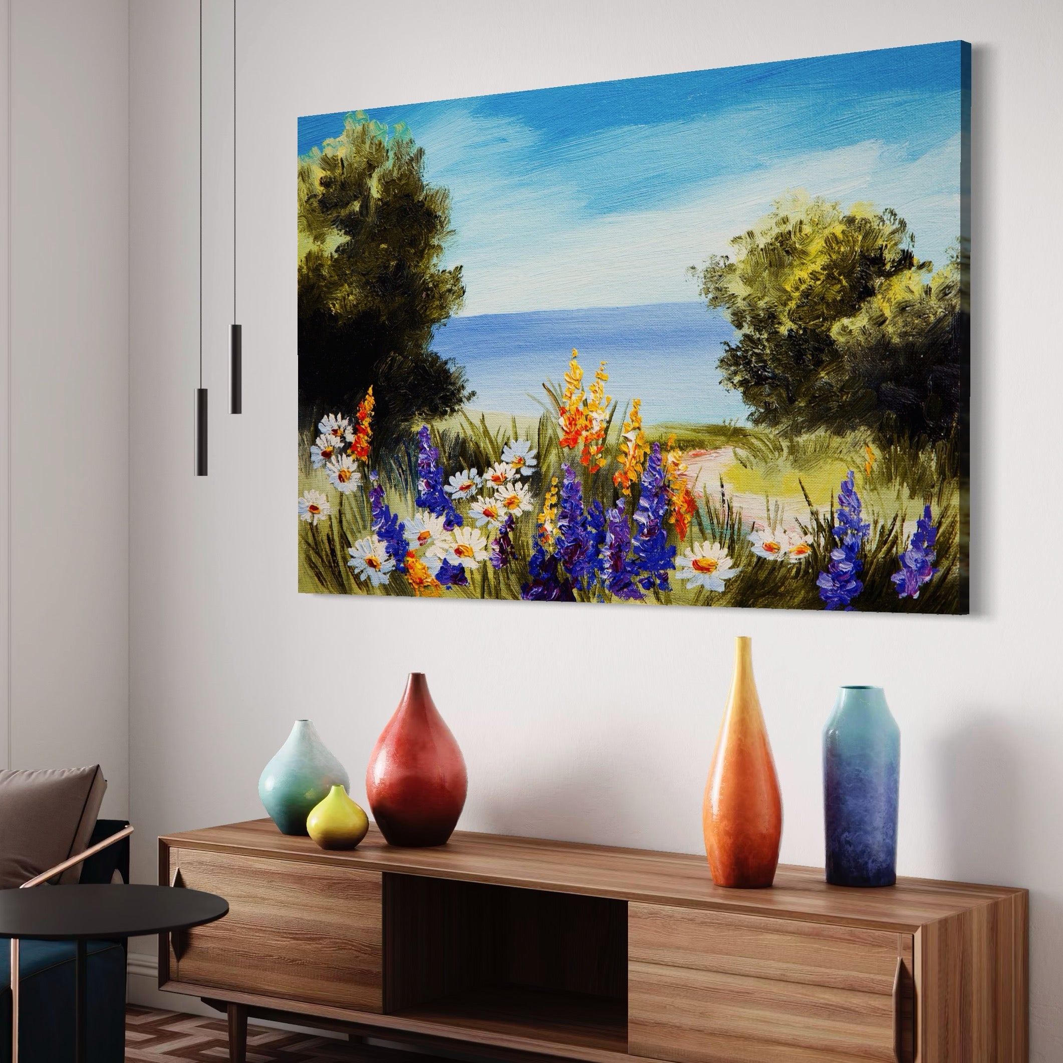 Tablou Canvas Premium LuxCanva® A1060, Flori Violet , Peisaj, Flori Albe, Mare, Natura, Culori Vibrante