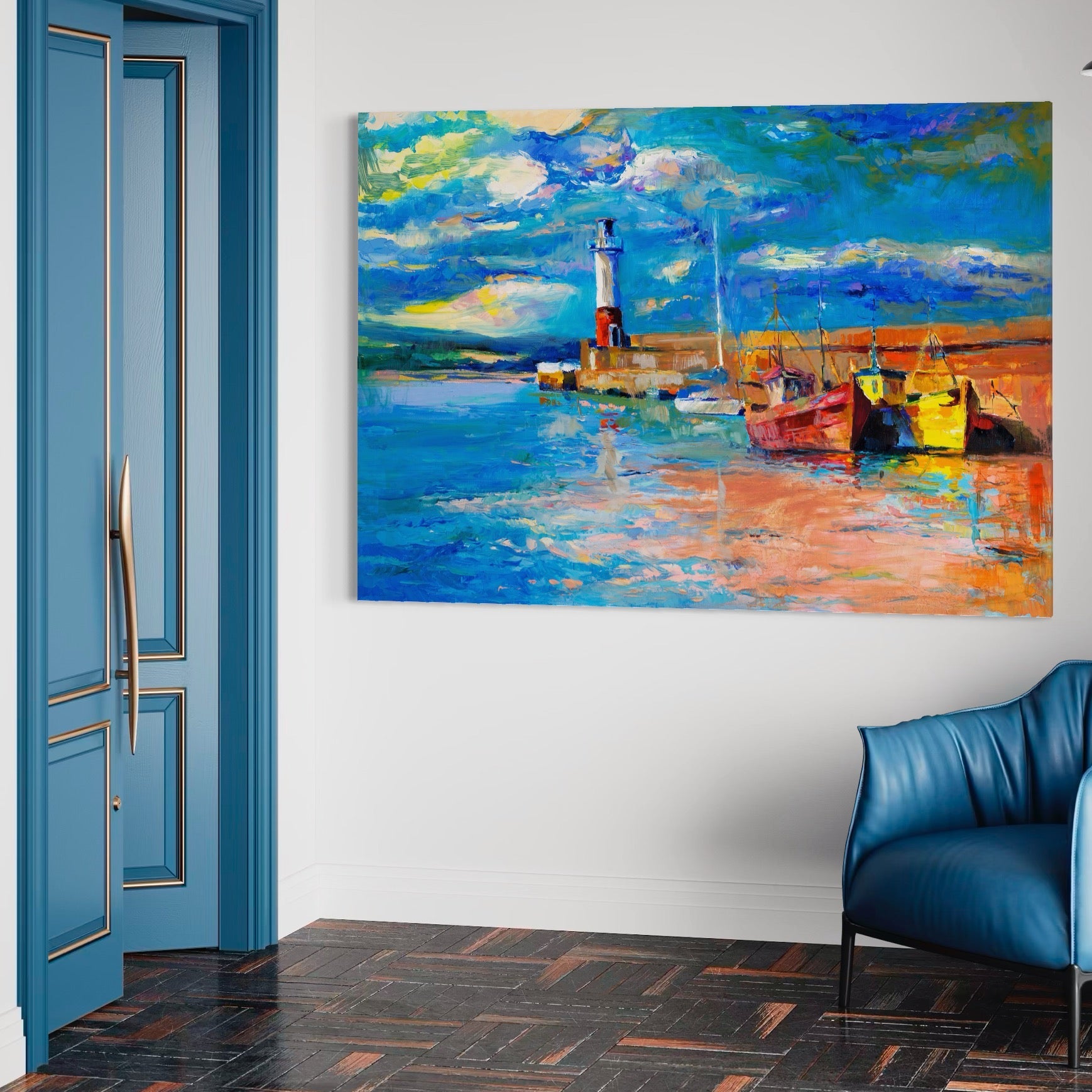 Tablou Canvas Premium LuxCanva® A1059, Barci In Port ,  Peisaj, Far, Apus de Soare, Cer Albastru, Culori Vibrante