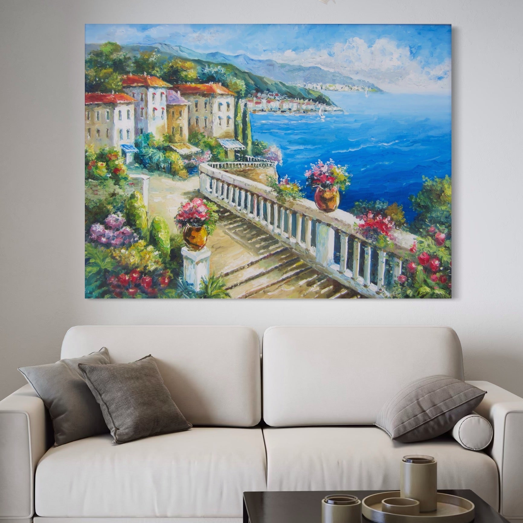 Tablou Canvas Premium LuxCanva® A1058, Case Pe Malul Marii ,  Peisaj, Flori, Cer Albastru, Munte, Culori Vibrante