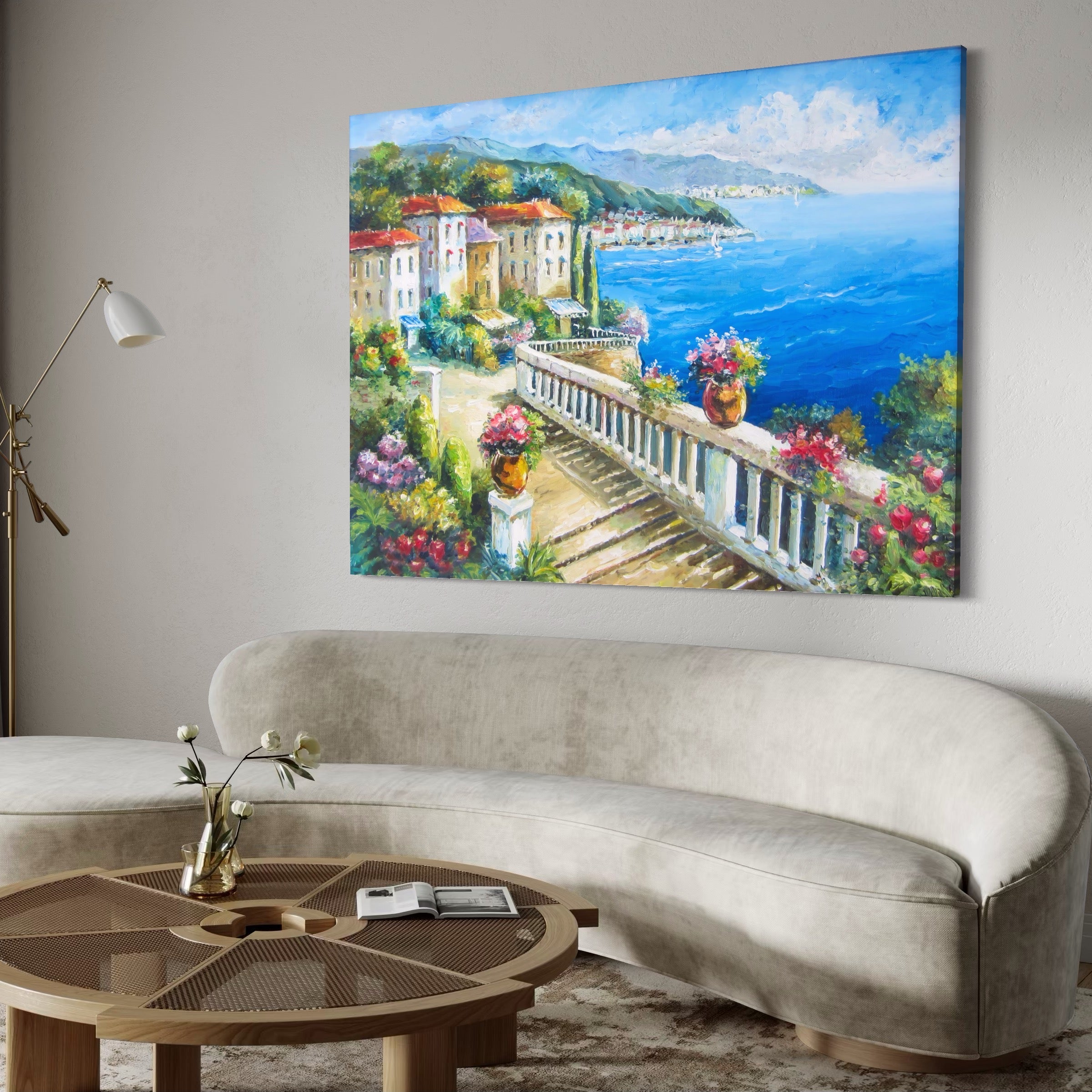 Tablou Canvas Premium LuxCanva® A1058, Case Pe Malul Marii ,  Peisaj, Flori, Cer Albastru, Munte, Culori Vibrante