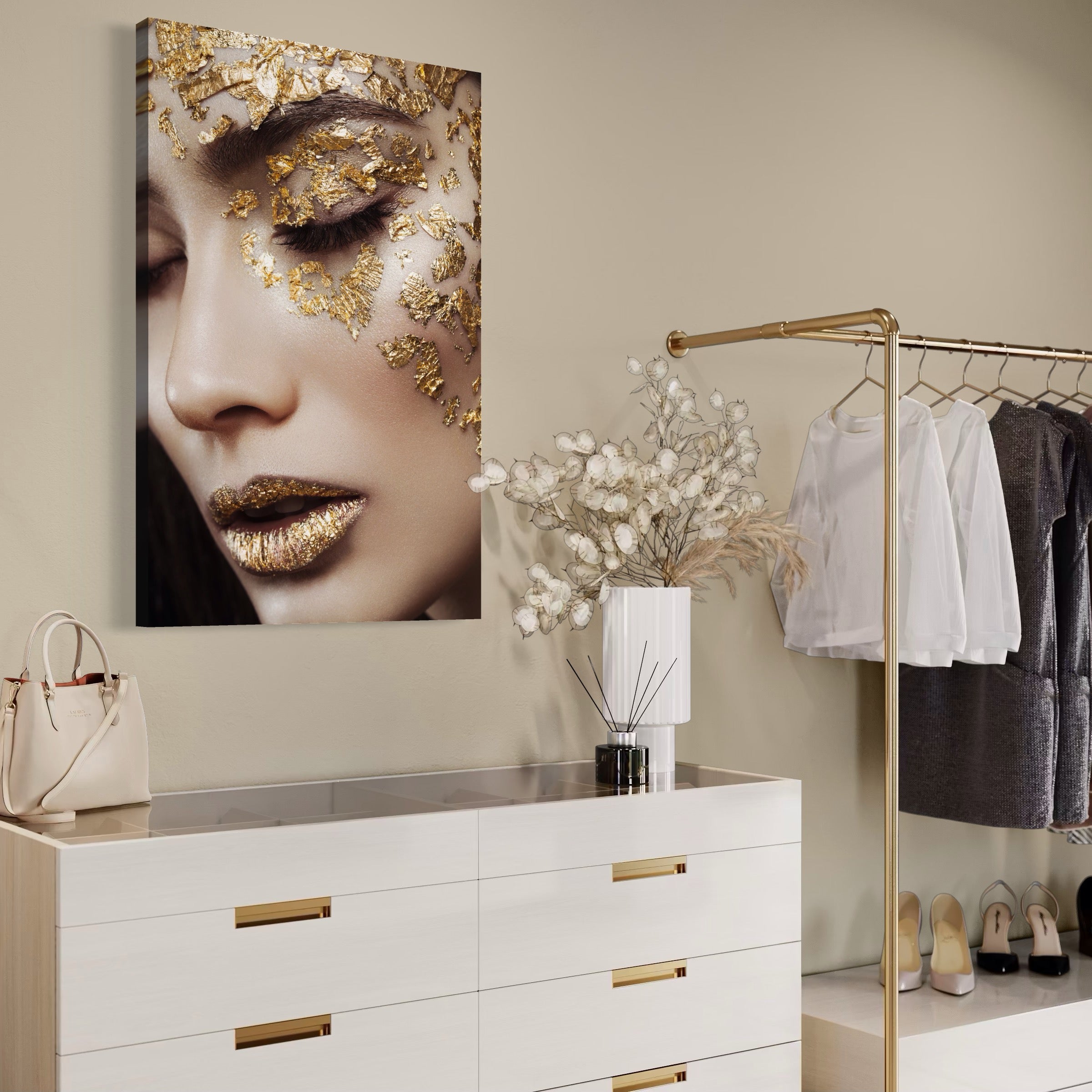 Tablou Canvas Premium LuxCanva® A1056, Gold Eyes ,  Portret, Femeie, Auriu, Senzual, Abstract, Culori Vibrante