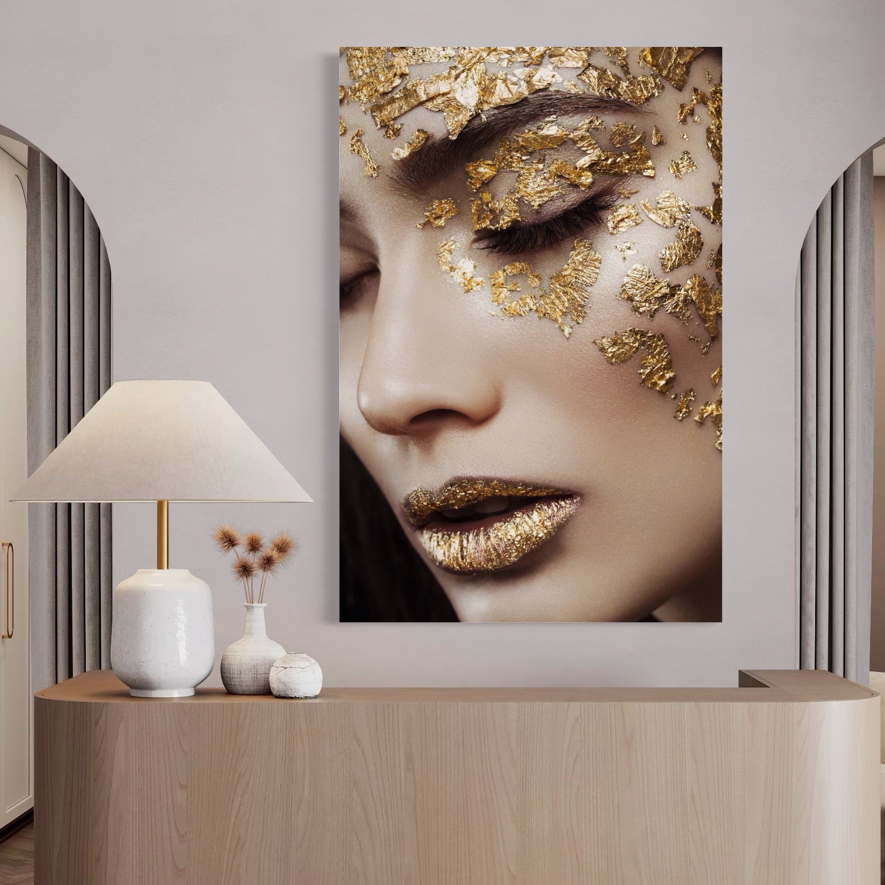 Tablou Canvas Premium LuxCanva® A1056, Gold Eyes ,  Portret, Femeie, Auriu, Senzual, Abstract, Culori Vibrante