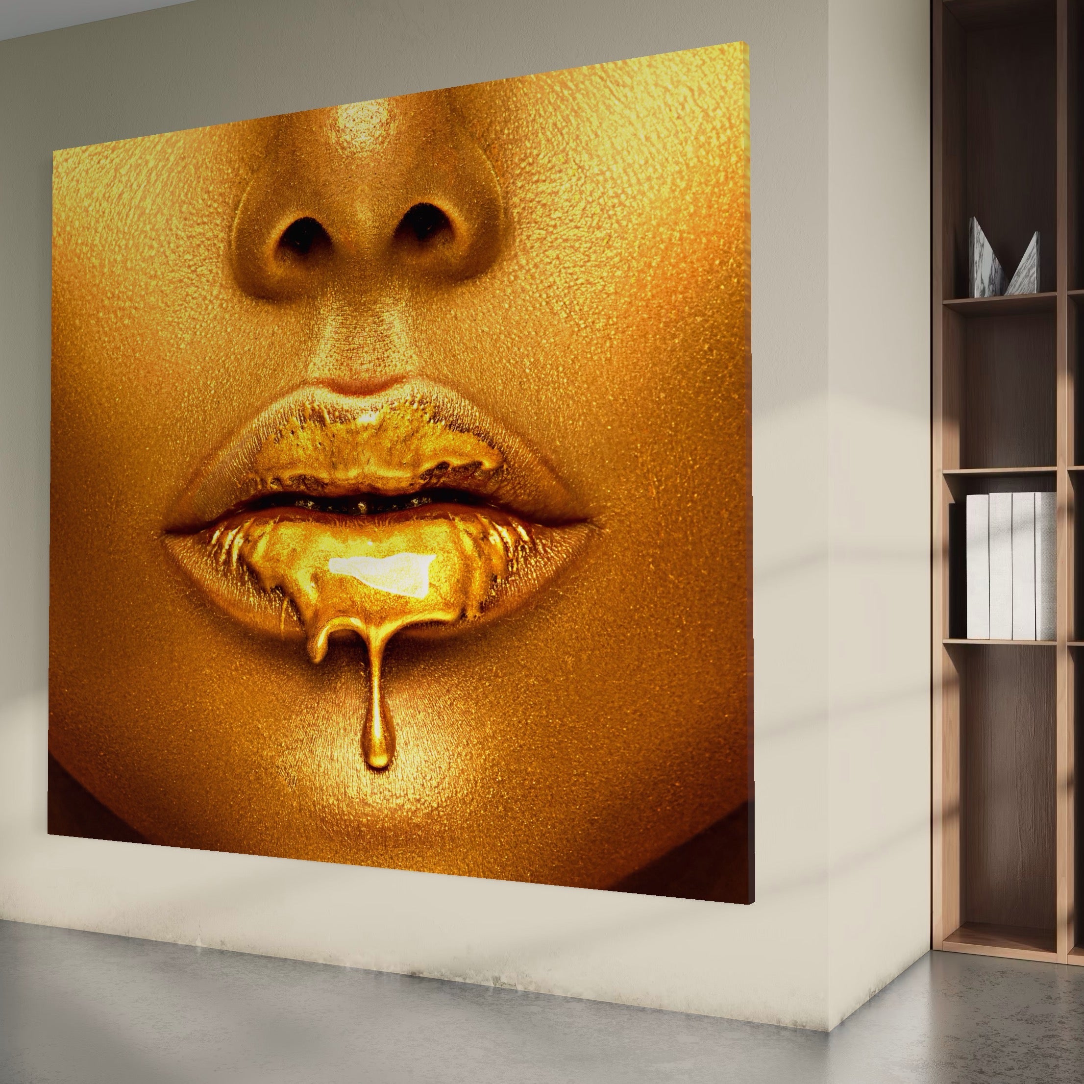 Tablou Canvas Premium LuxCanva® A1054, Gold Lips , Lip Gloss, Auriu, Senzual, Abstract, Culori Vibrante