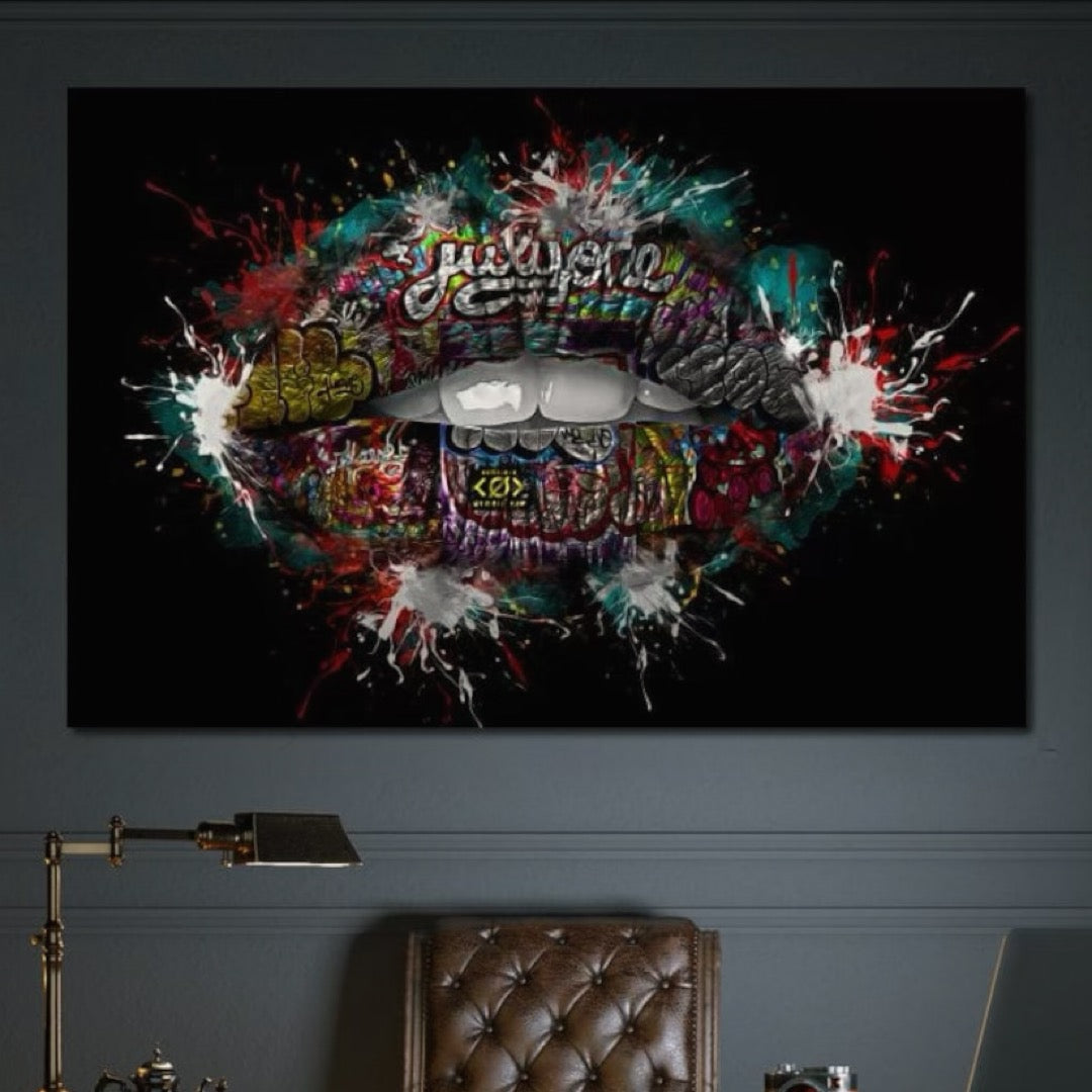 Tablou Canvas Premium LuxCanva® E1044, Buze Graffiti, Pop Art, Urban, Expresivitate, Pasiune, Buze, Alb, Living Room, Culori vibrante