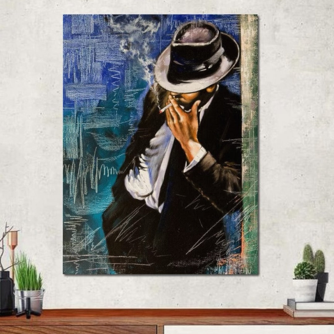 Tablou Canvas Premium LuxCanva® E1049, Barbatul din Umbra, Elegant, Masculinitate, Enigma, Tigara, Intriga, Living Room, Culori vibrante