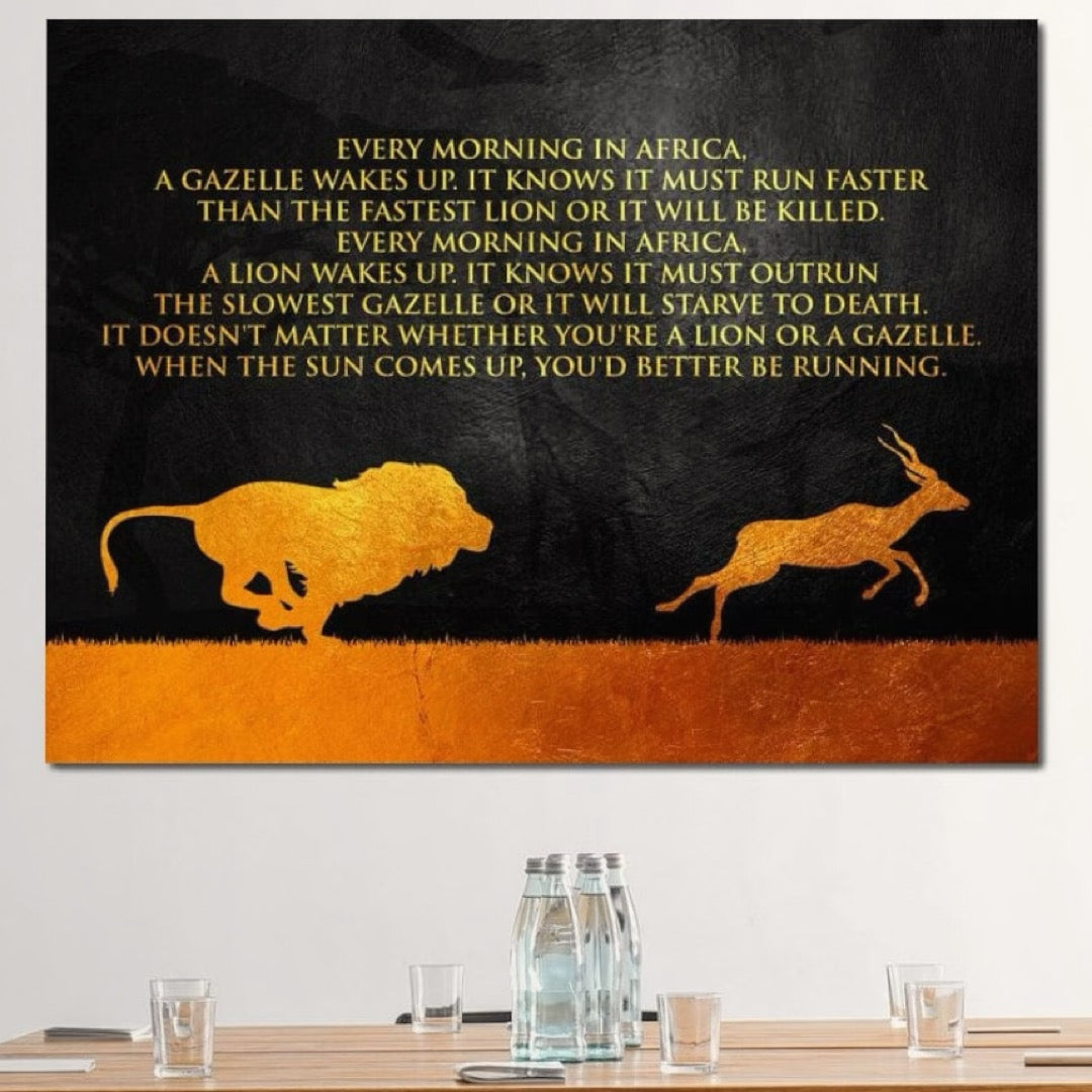 Tablou Canvas Premium LuxCanva® F1009, Instinctul Supravietuirii , Competitie, Viteza, Rezistenta, Lupta, Leu, Gazela, Living, Birou, Culori vibrante