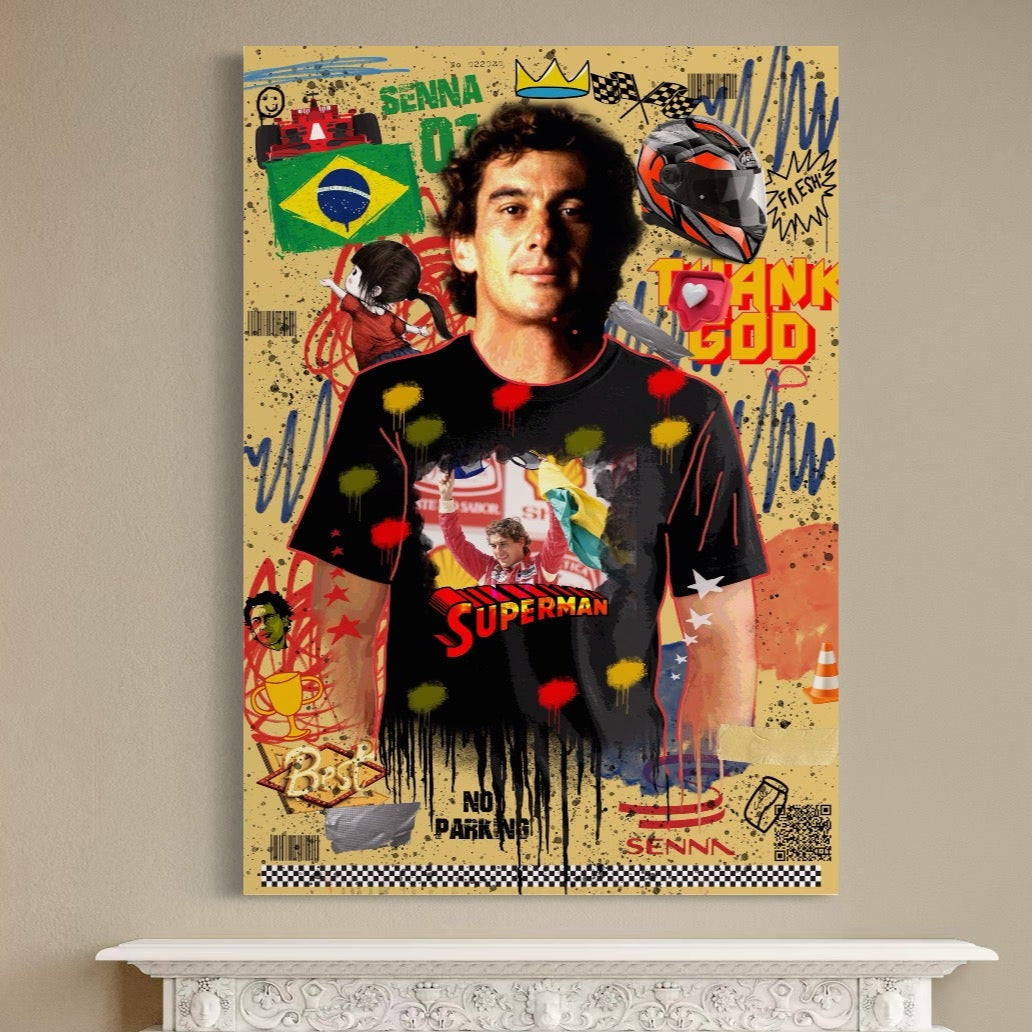 Tablou Canvas Premium LuxCanva® A1023, Ayrton Senna , Decorativ, Pilot Curse, Formula 1, Campion, Culori Vibrante