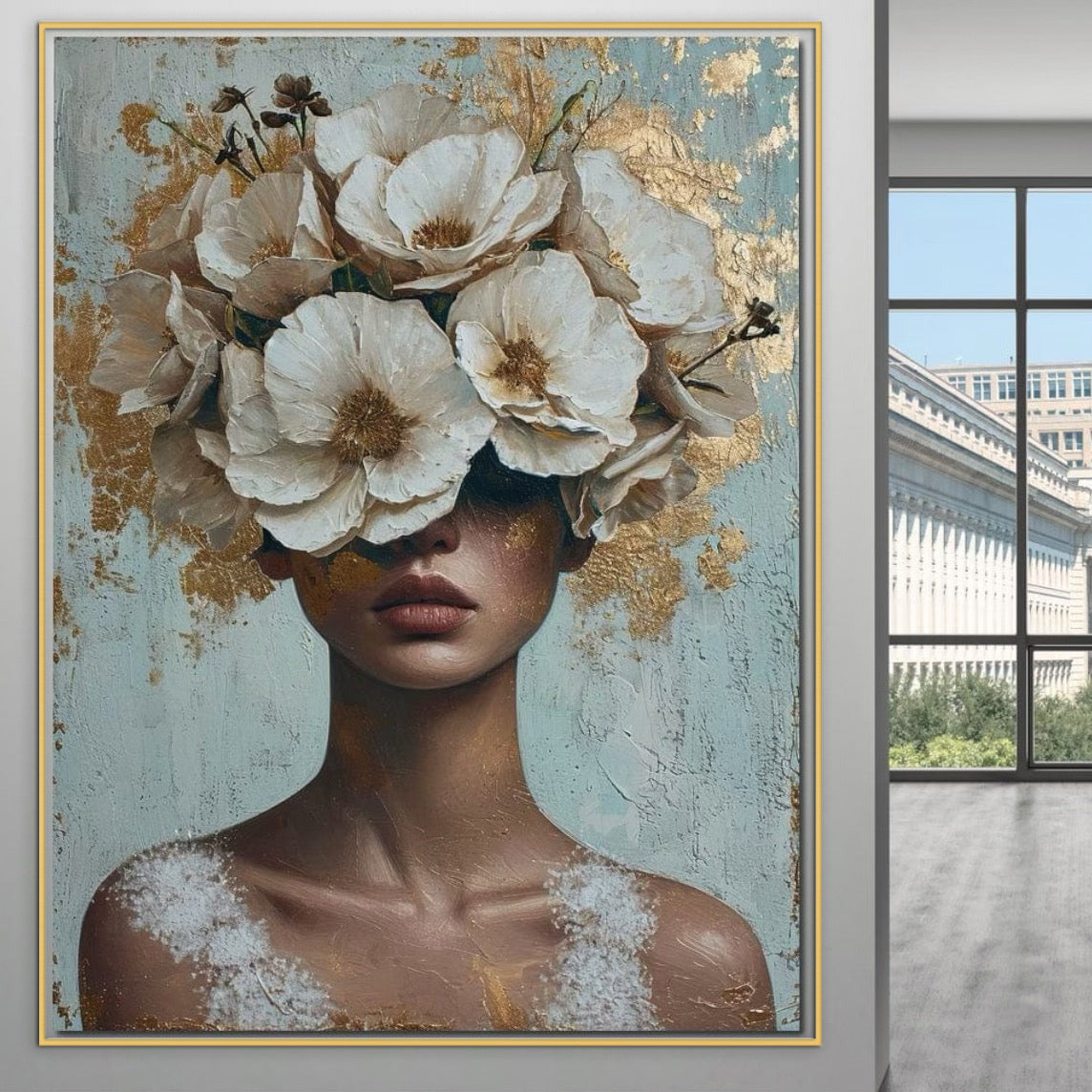 Tablou Canvas Premium LuxCanva® G1000, Ganduri Inflorite ,  Flori, Frumusete, Alb, Auriu, Petale, Estetica, Portret, Living, Dormitor, Culori vibrante