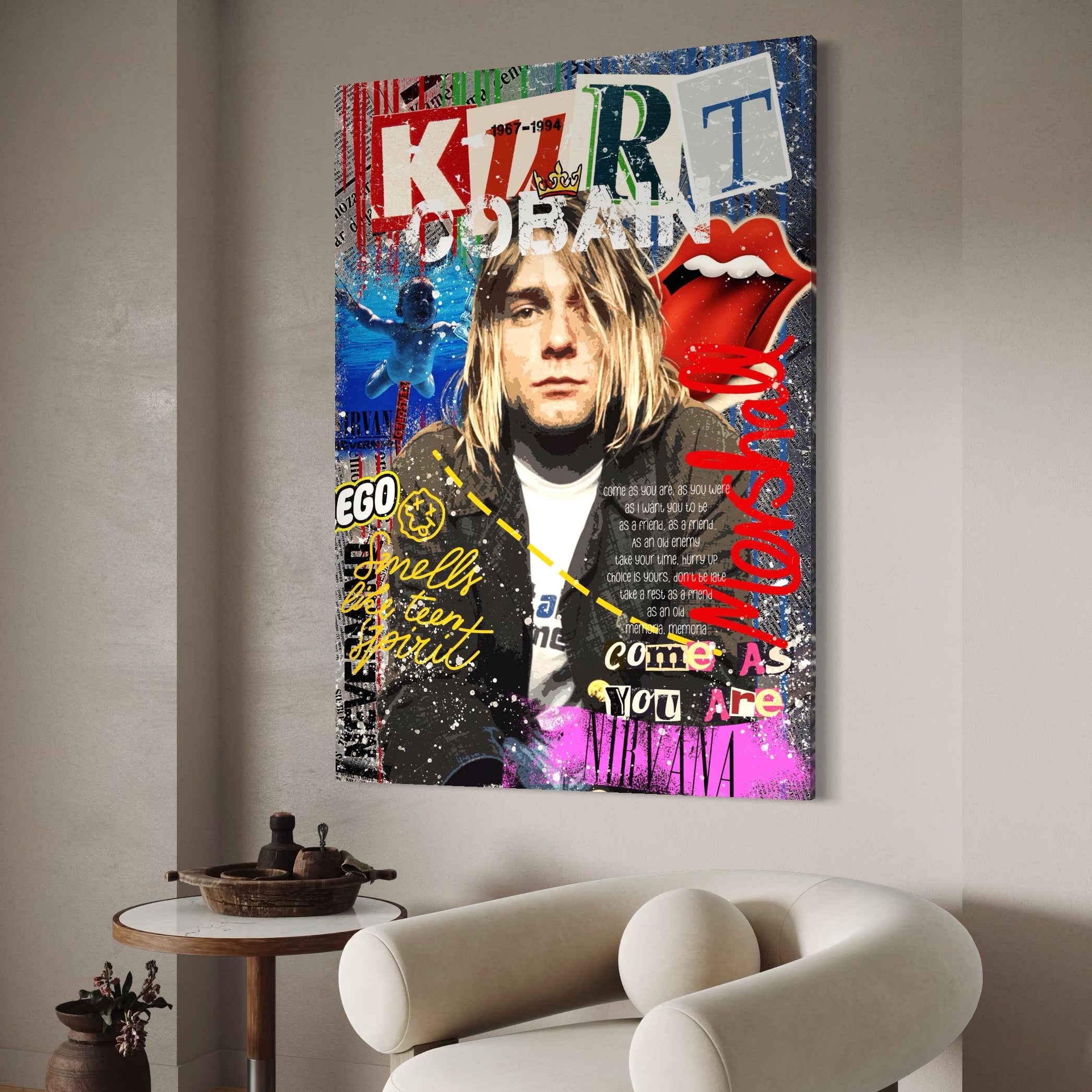 Tablou Canvas Premium LuxCanva® A1016, Kurt Donald Cobain , Decorativ, Cantaret, Chitarist, Rock Star, Culori Vibrante